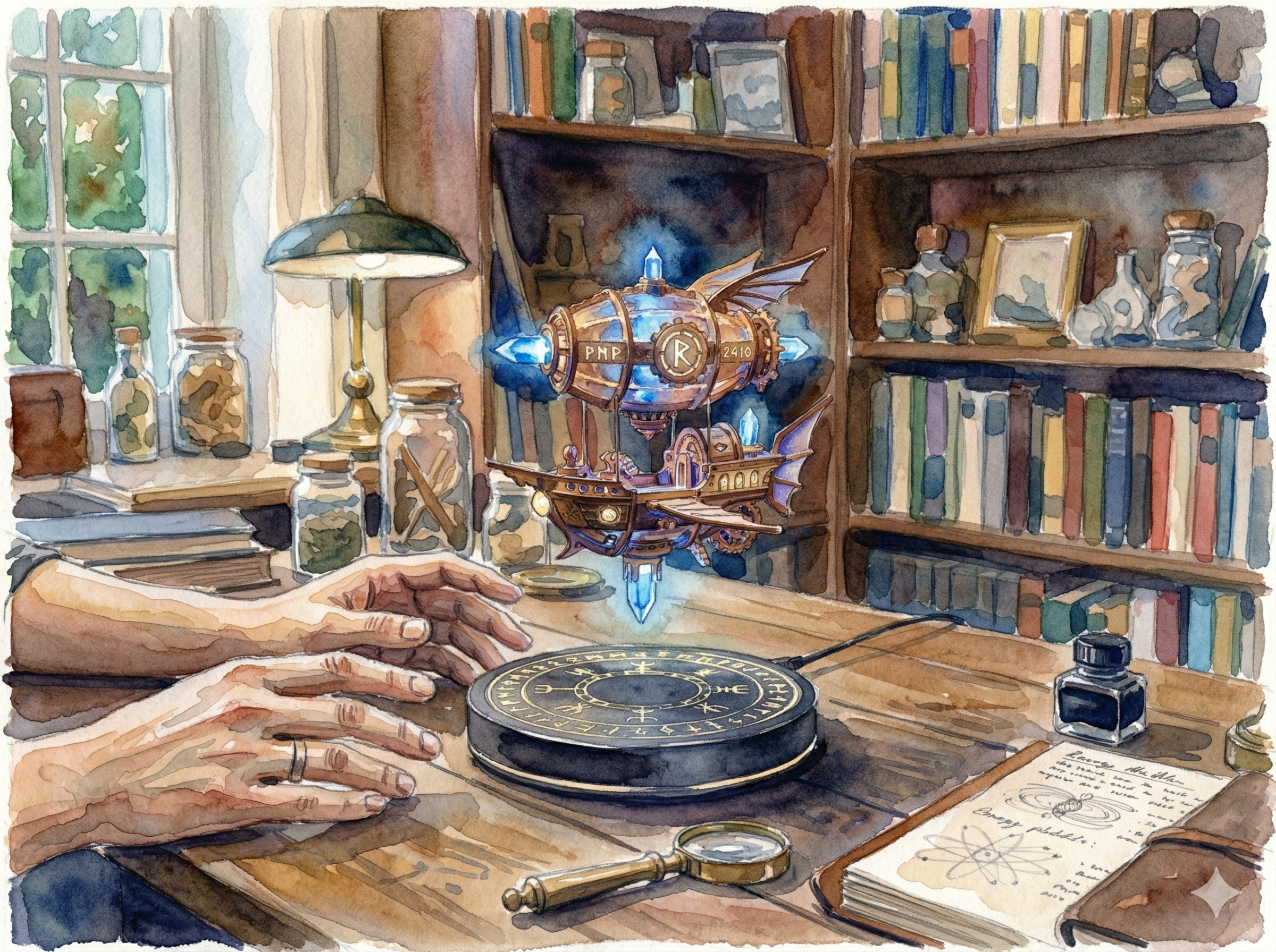 一張水彩風格，賽博龐克飛船造型磁浮玩具的想像圖