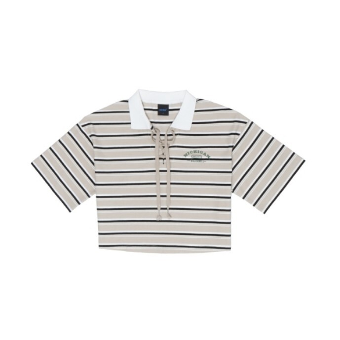 NCAA 短袖 卡其 翻領 綁帶 條紋 短T 上衣 女 7522100531