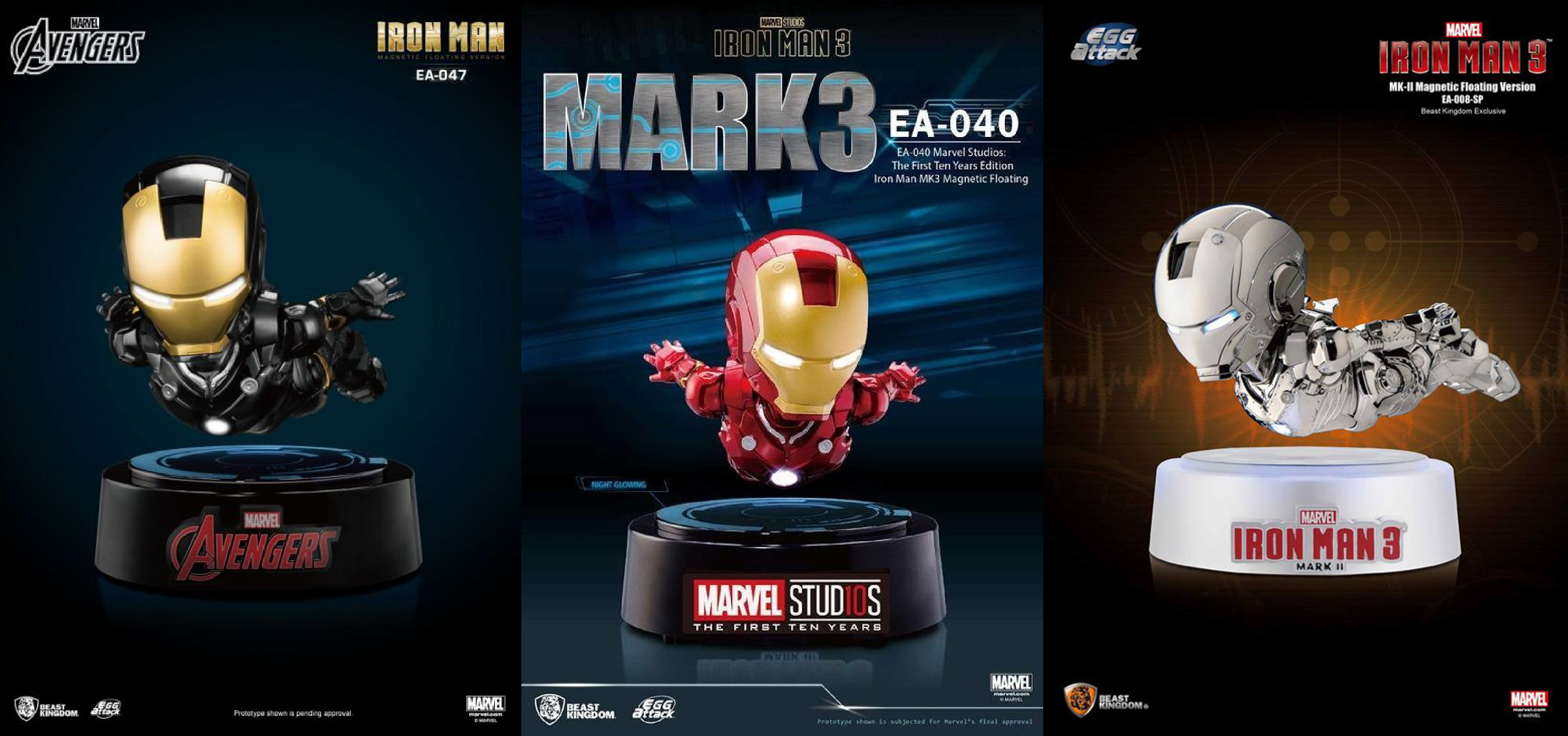 EA系列鋼鐵人磁浮模型，左至右為EA-047黑金版、EA-040經典配色、EA-008-SP全鍍銀