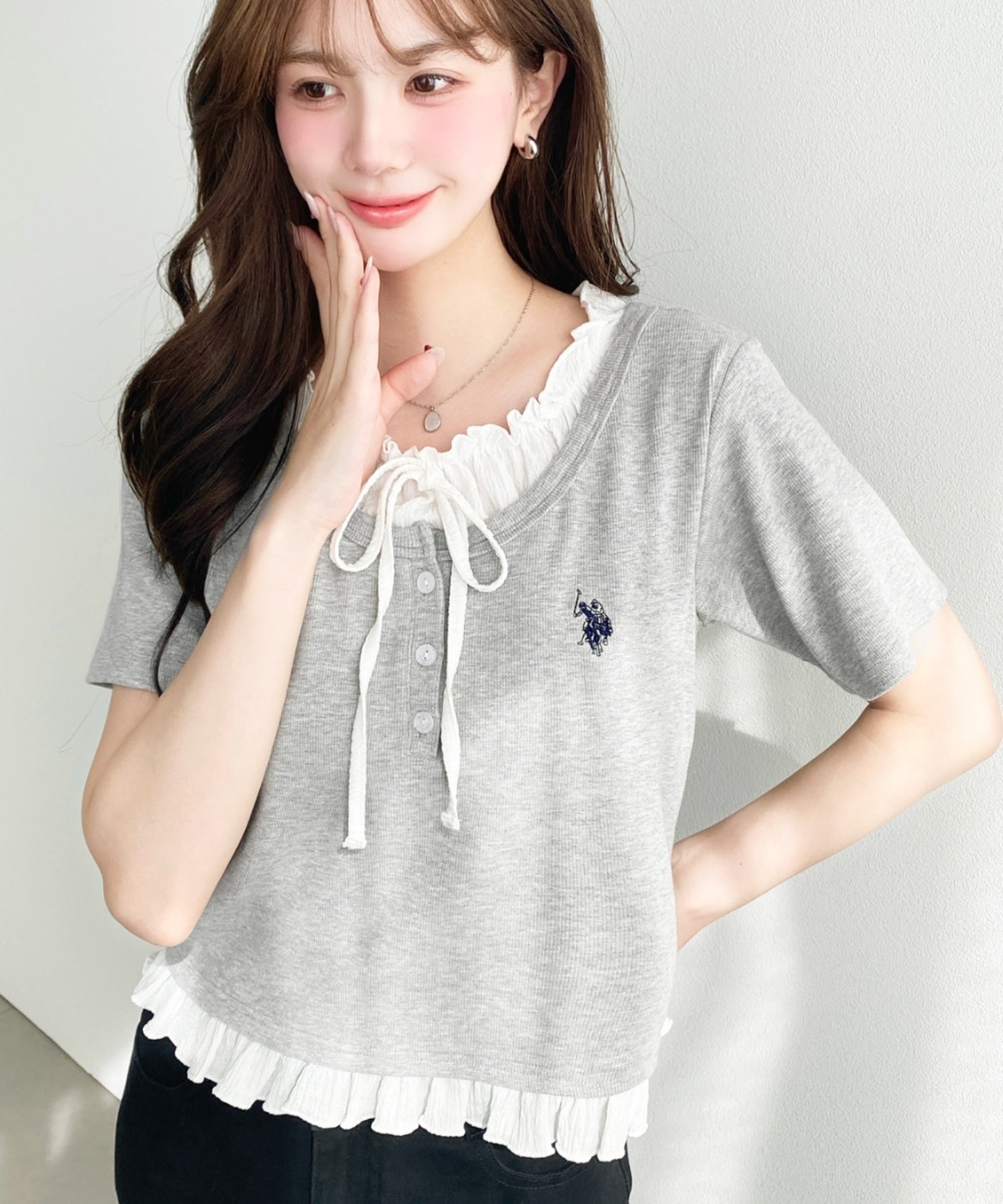 U.S. POLO ASSN. 日本限定 小Logo 刺繡 假兩件 蕾絲 蝴蝶結 微短版 短袖 4色