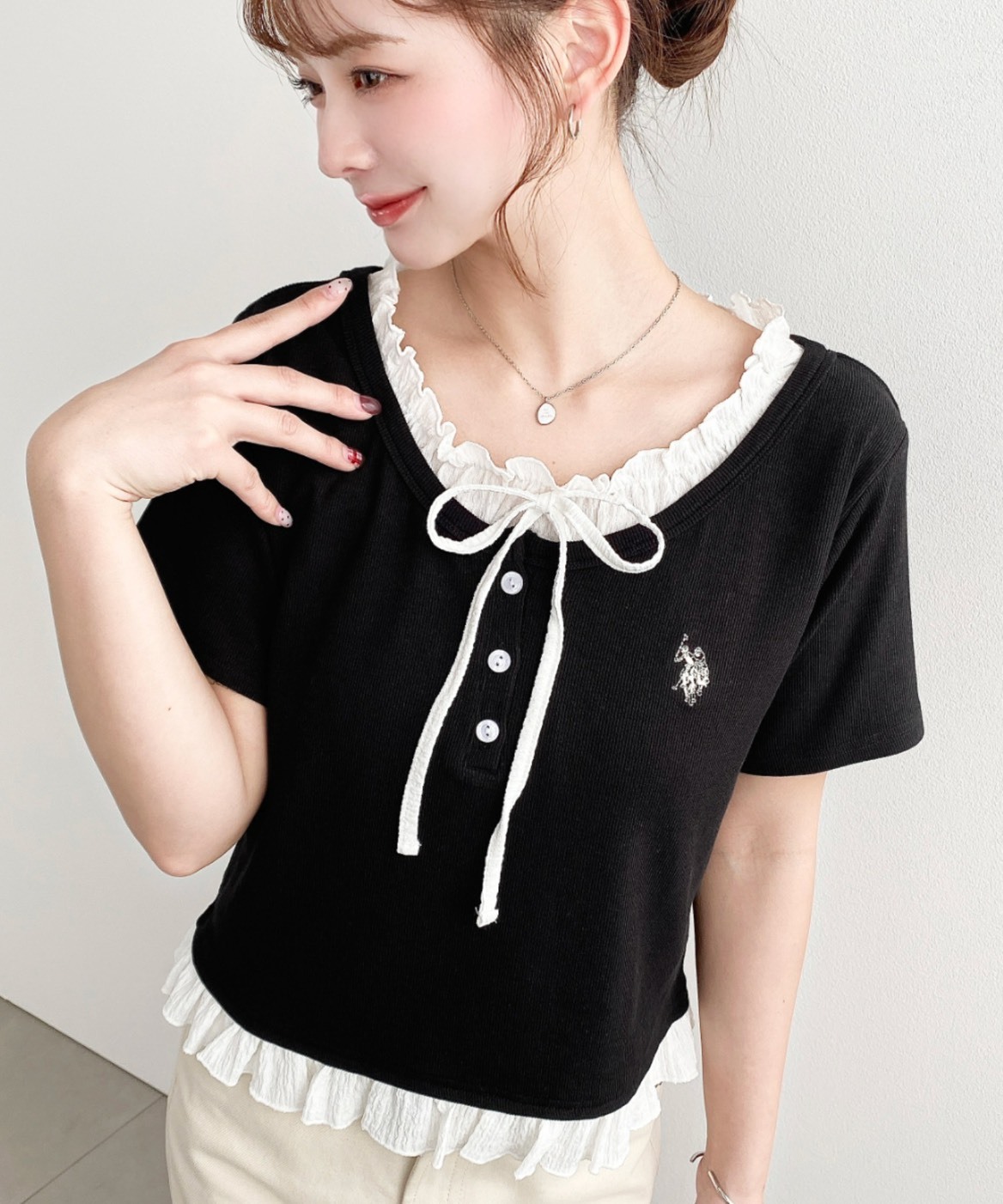 U.S. POLO ASSN. 日本限定 小Logo 刺繡 假兩件 蕾絲 蝴蝶結 微短版 短袖 4色