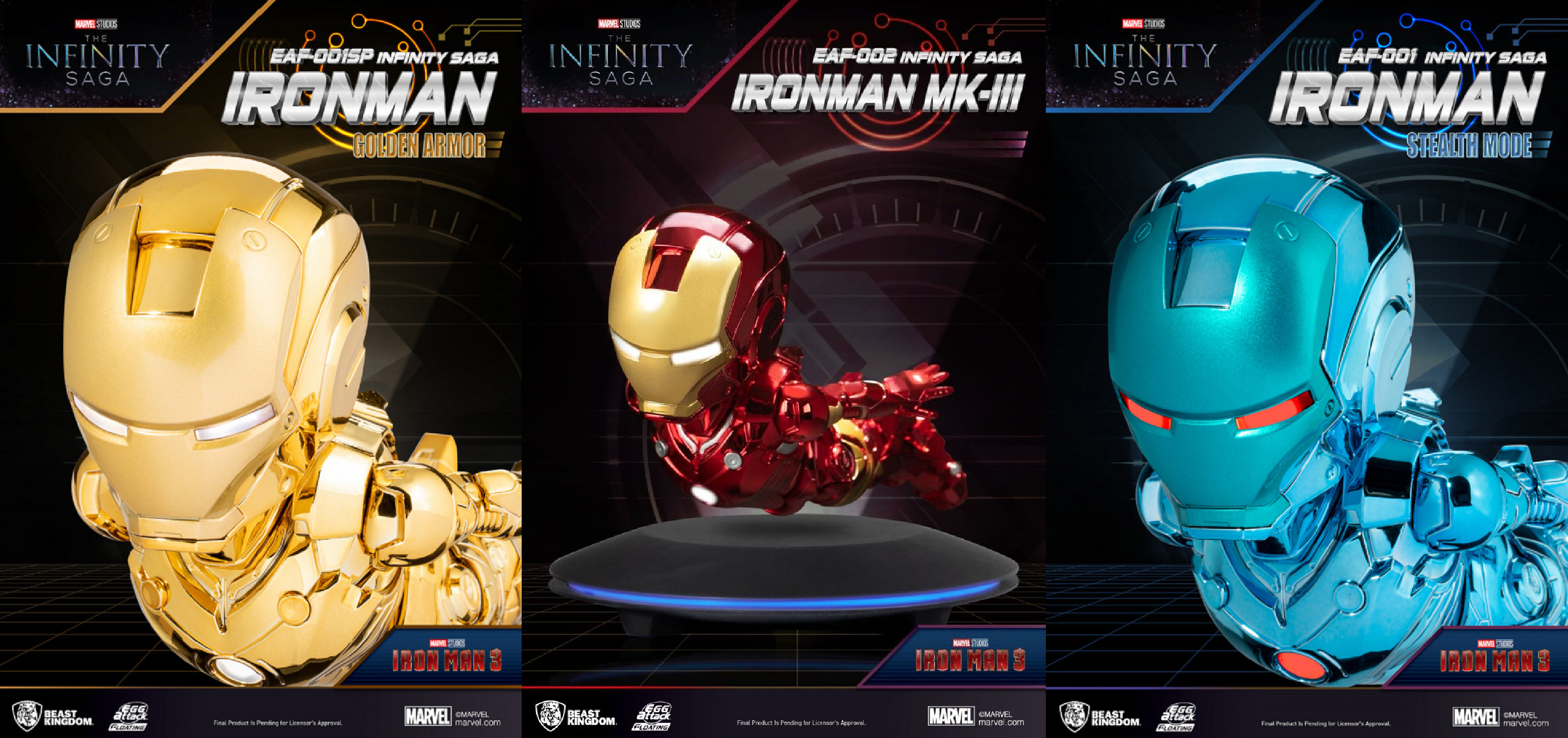 2024年推出的EAF系列將磁浮鋼鐵人再升級！左至右為EAF-001SP全金限定、EAF-002經典紅金、EAF-001匿蹤藍