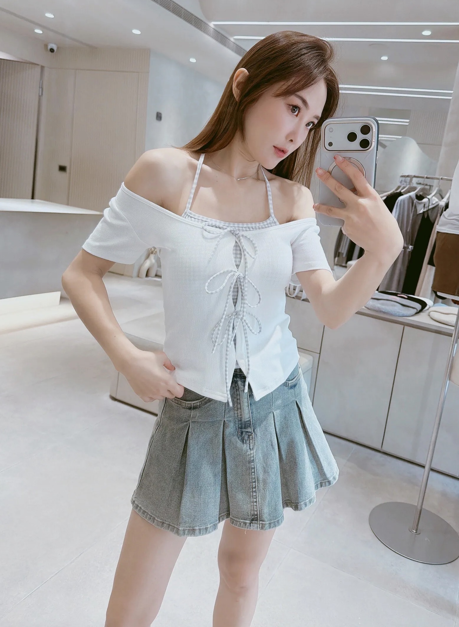 前綁假兩件拼接格紋棉質衣