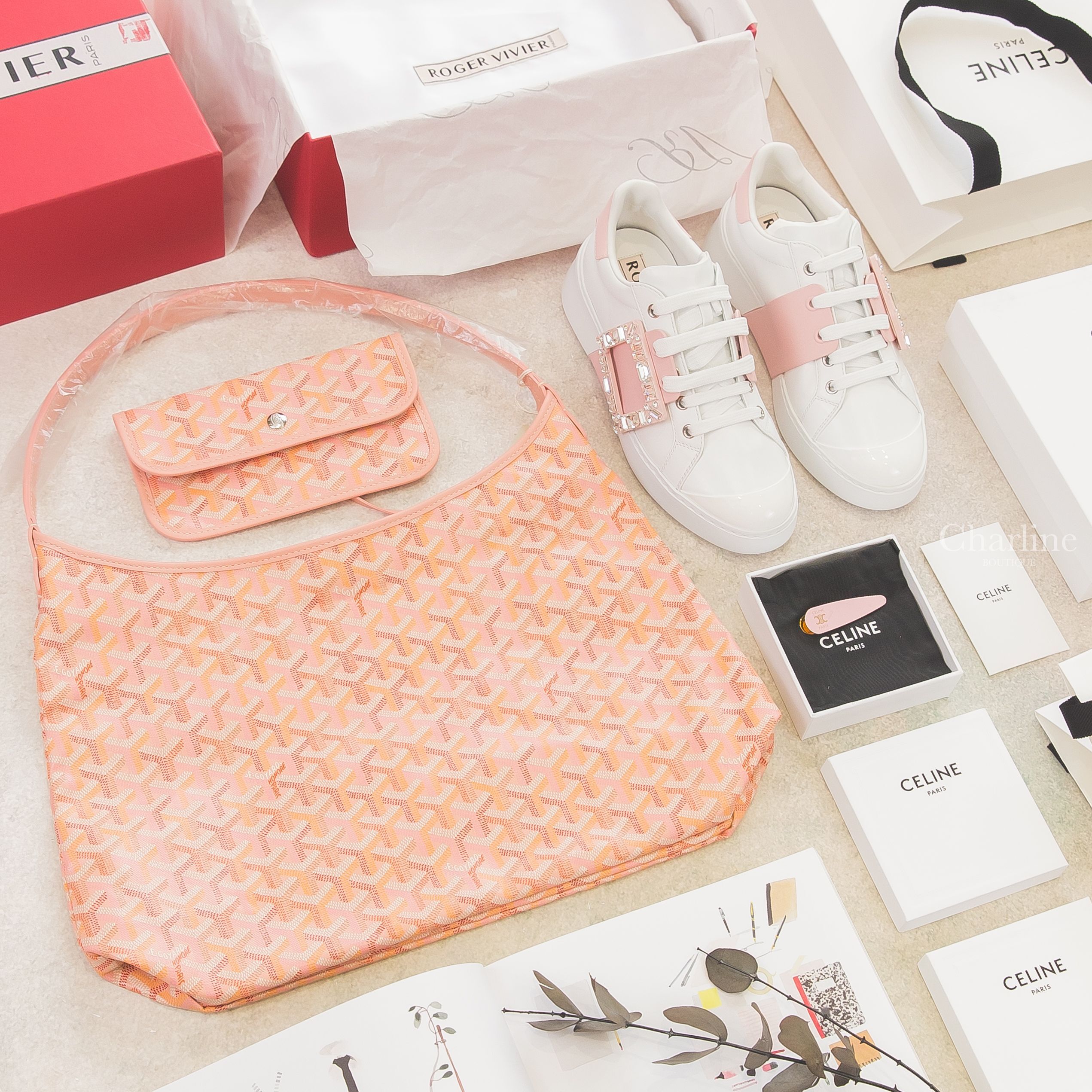 Goyard Hobo 限定色腮紅粉帆布小牛皮手提肩背包,Roger Vivier Viv' Skate 白色拼粉色皮革銀色水晶方釦運動鞋,Celine Hair Clip 粉色金字凱旋門髮夾-Charline Boutique 精品代購