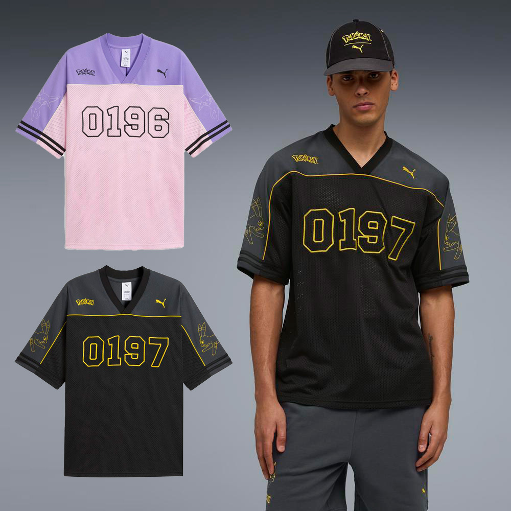 男款 PUMA X POKÉMON OVERSIZED JERSEY 粉 黑 太陽伊布 月亮伊布 寶可夢 聯名 足球風 復古 寬鬆 短袖 短TEE【63491970/63491901】