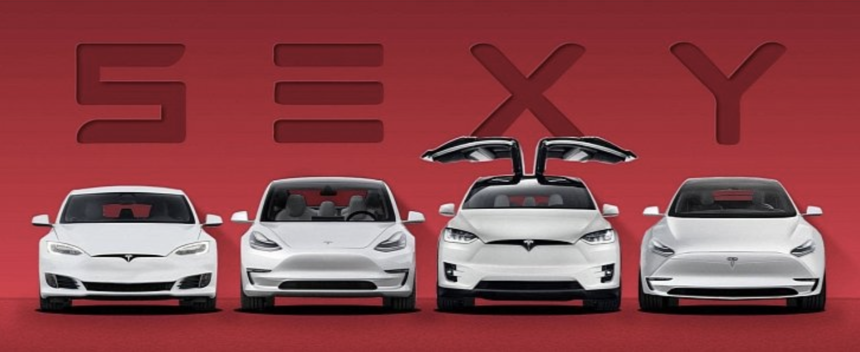 紅色背景上排列 Tesla 四款白色車型正面照，由左至右為 Model S、Model 3、Model X（鷗翼門展開）、Model Y，背景大字母拼出「S E X Y」，對應四款車型縮寫。
