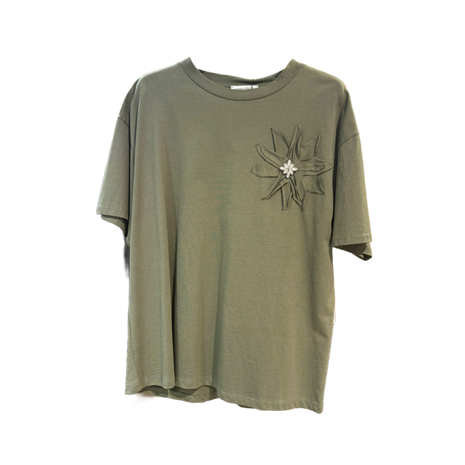 1SO0403-009 [SUNNY STUDIO] Flower T‑shirt Kaki #11946 (EU)