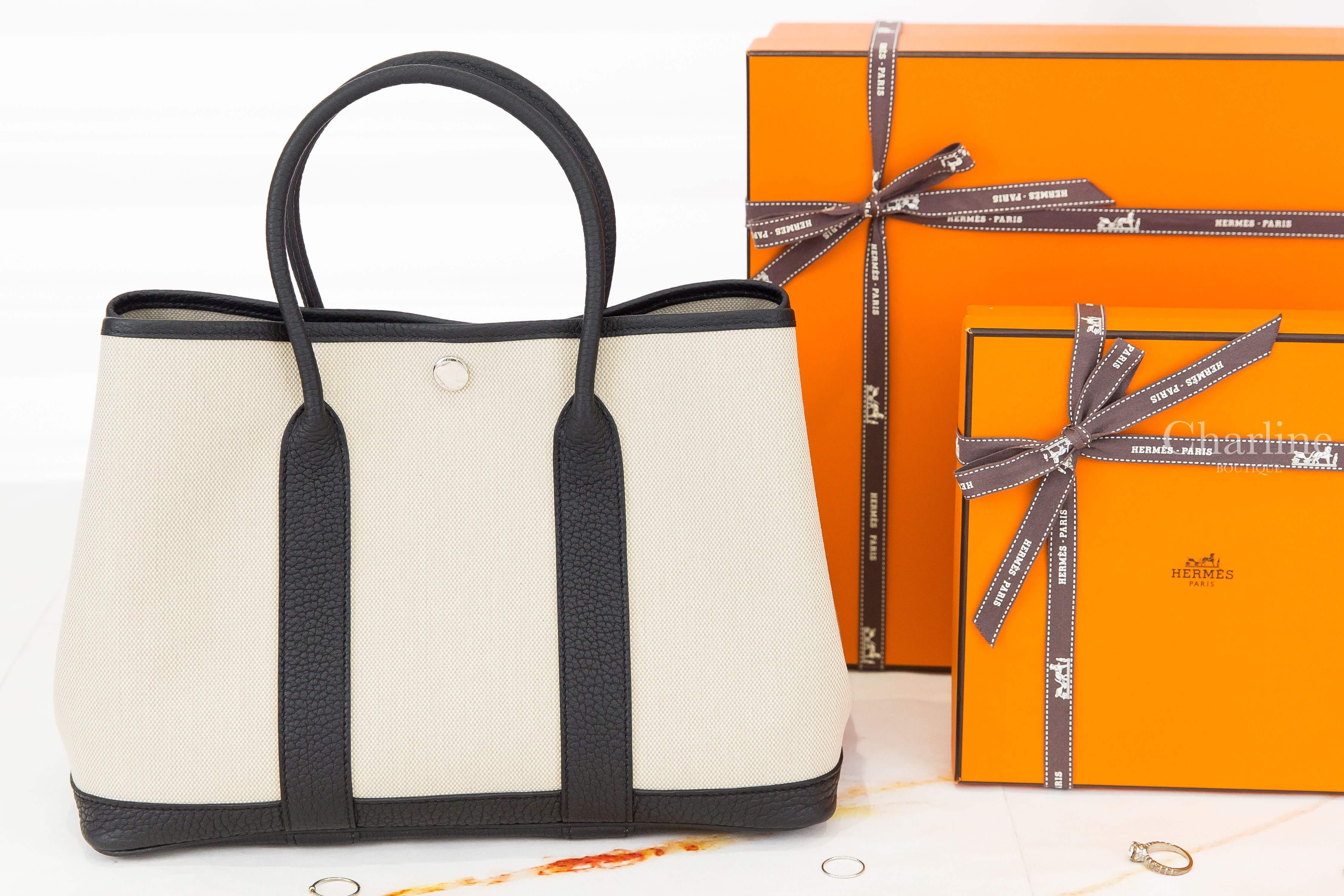 Hermès Garden Party 30cm Toile Militaire / Veau Negonda 冰川灰帆布拼黑色皮革手提包