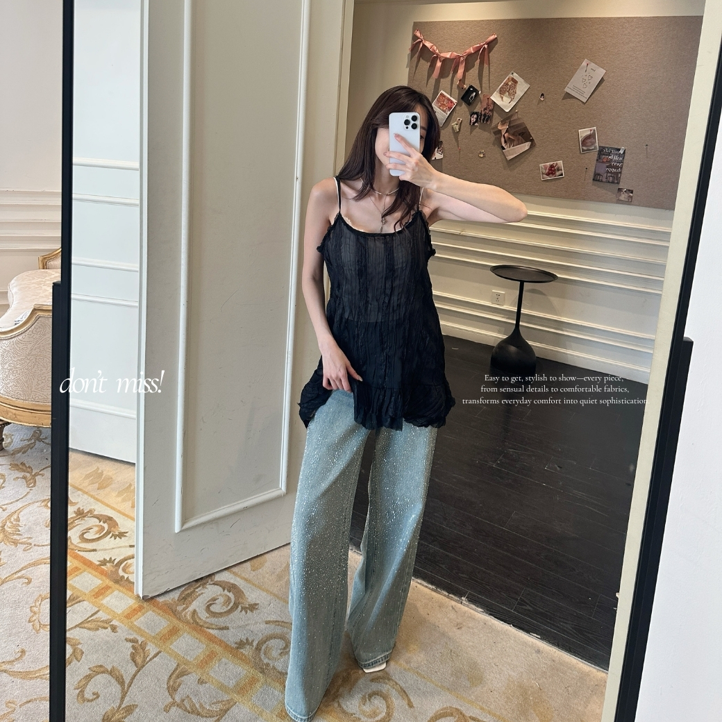 【輕透層次】DOMISS法式荷葉邊細肩背心-2色 透膚上衣 溫柔度假感必收(現+預)