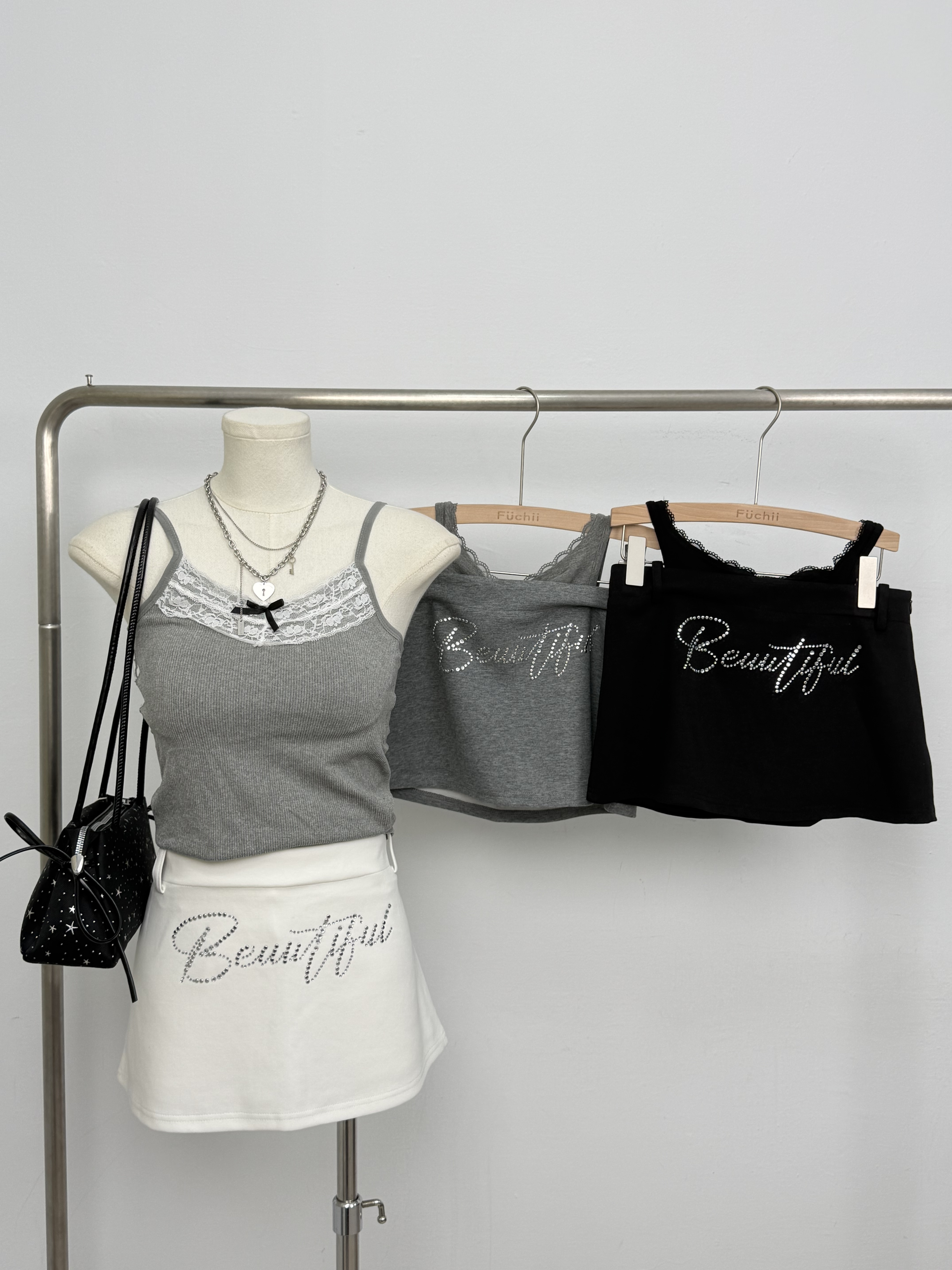 B12蕾絲假兩件燙鑽短裙