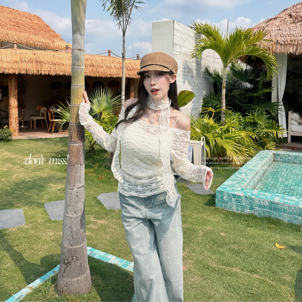 【設計感蕾絲浪漫】DOMISS法式掛脖透膚上衣-2色 露肩上衣 性感必收(現+預)