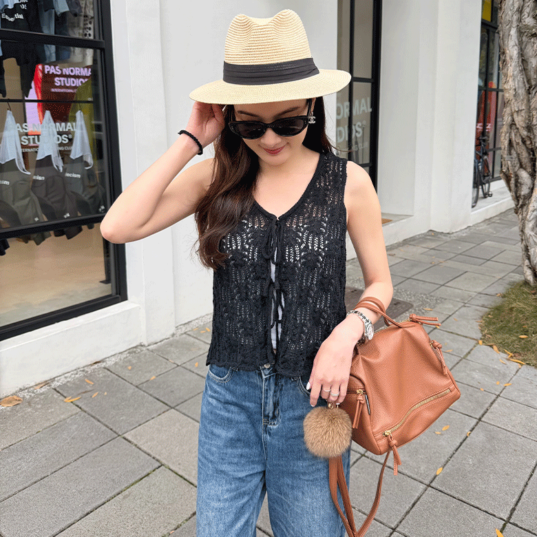 日系勾織綁帶背心