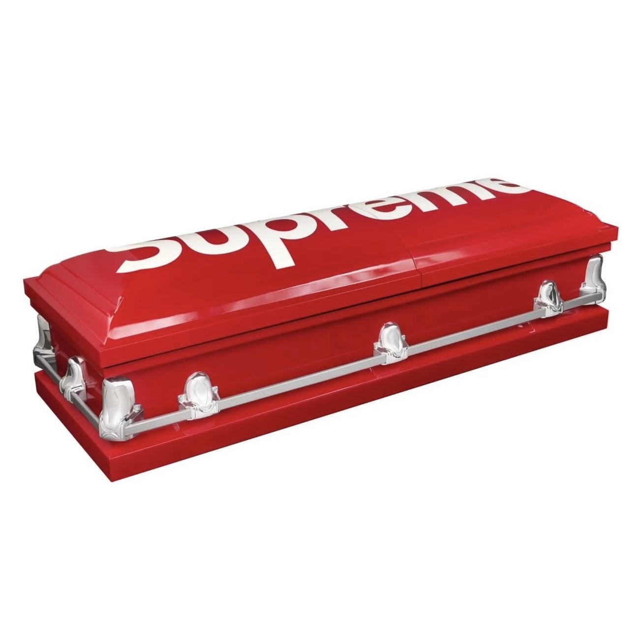 Supreme x Titan Casket 聯名限量棺材，紅色高光烤漆鋼製棺身，棺蓋印有標誌性白色 Supreme 大字 Logo，附銀色雕刻把手與橡膠密封扣鎖，全球釋出不到 50 口，上架不到一分鐘秒殺。