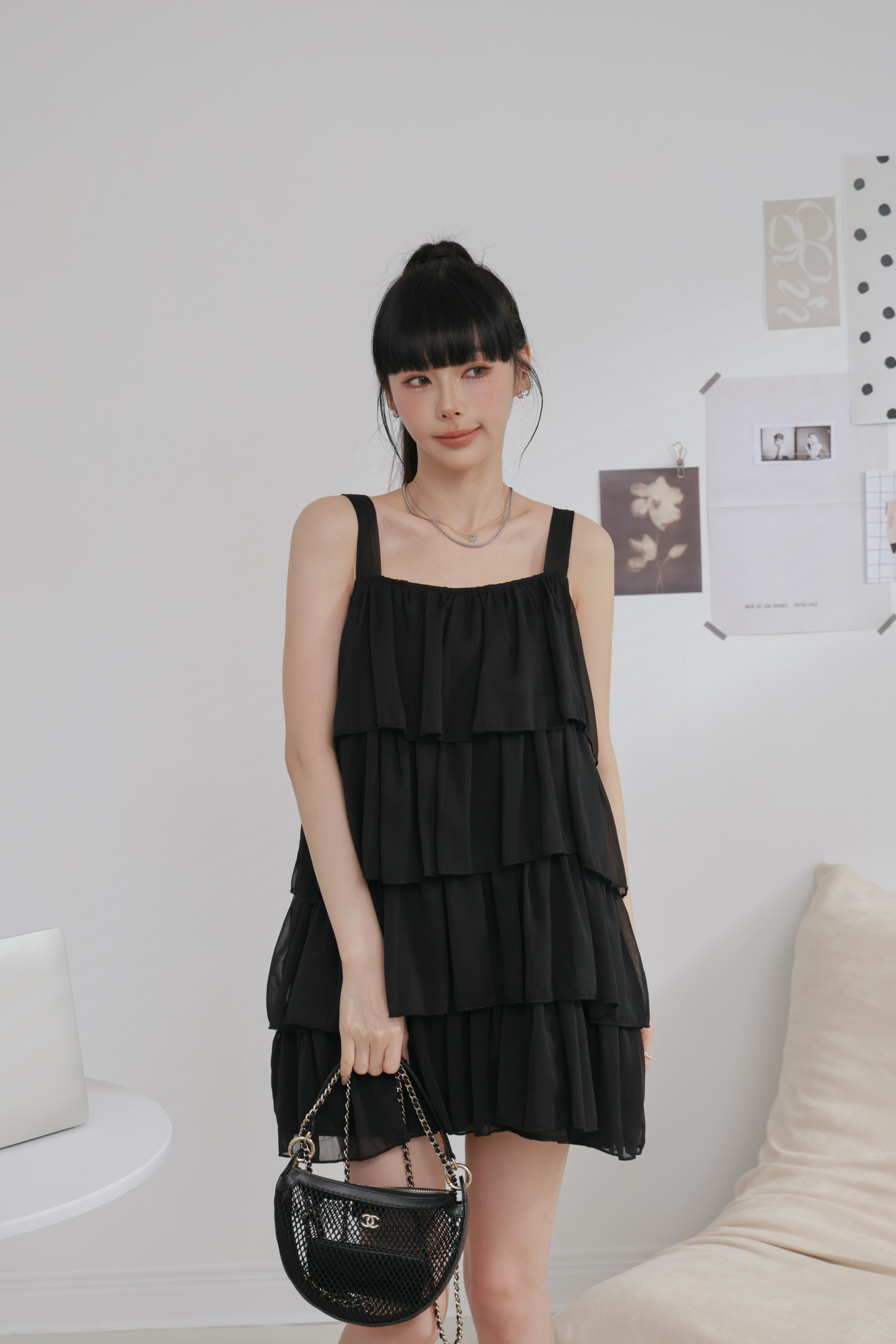 雪紡蛋糕背心短洋裝 P55