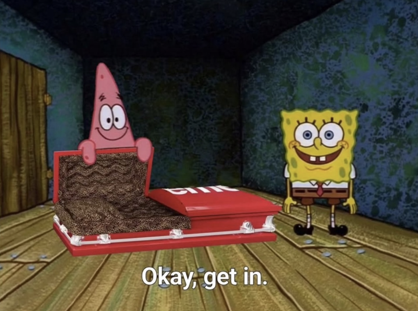 網路迷因圖，以海綿寶寶卡通場景惡搞 Supreme x Titan Casket 聯名棺材：派大星躺入開蓋的豹紋內裡紅色棺材，海綿寶寶站旁邊笑著說「Okay, get in.」，諷刺粉絲對 Supreme 任何商品照單全收的盲目狂熱。
