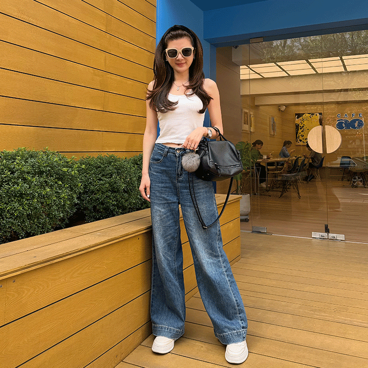 超顯瘦刷色牛仔寬褲