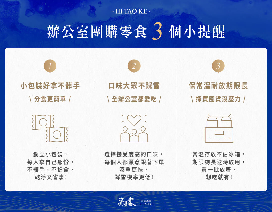 3 項團購零食標準：小包裝分辨分食、口味大眾不踩雷、保常溫耐放期限長