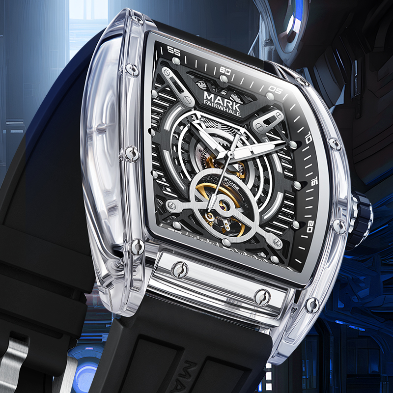【Mark Fairwhale 馬克菲爾】6860 科技感 透明 酒桶型 鏤空 夜光 矽膠 機械 手錶
