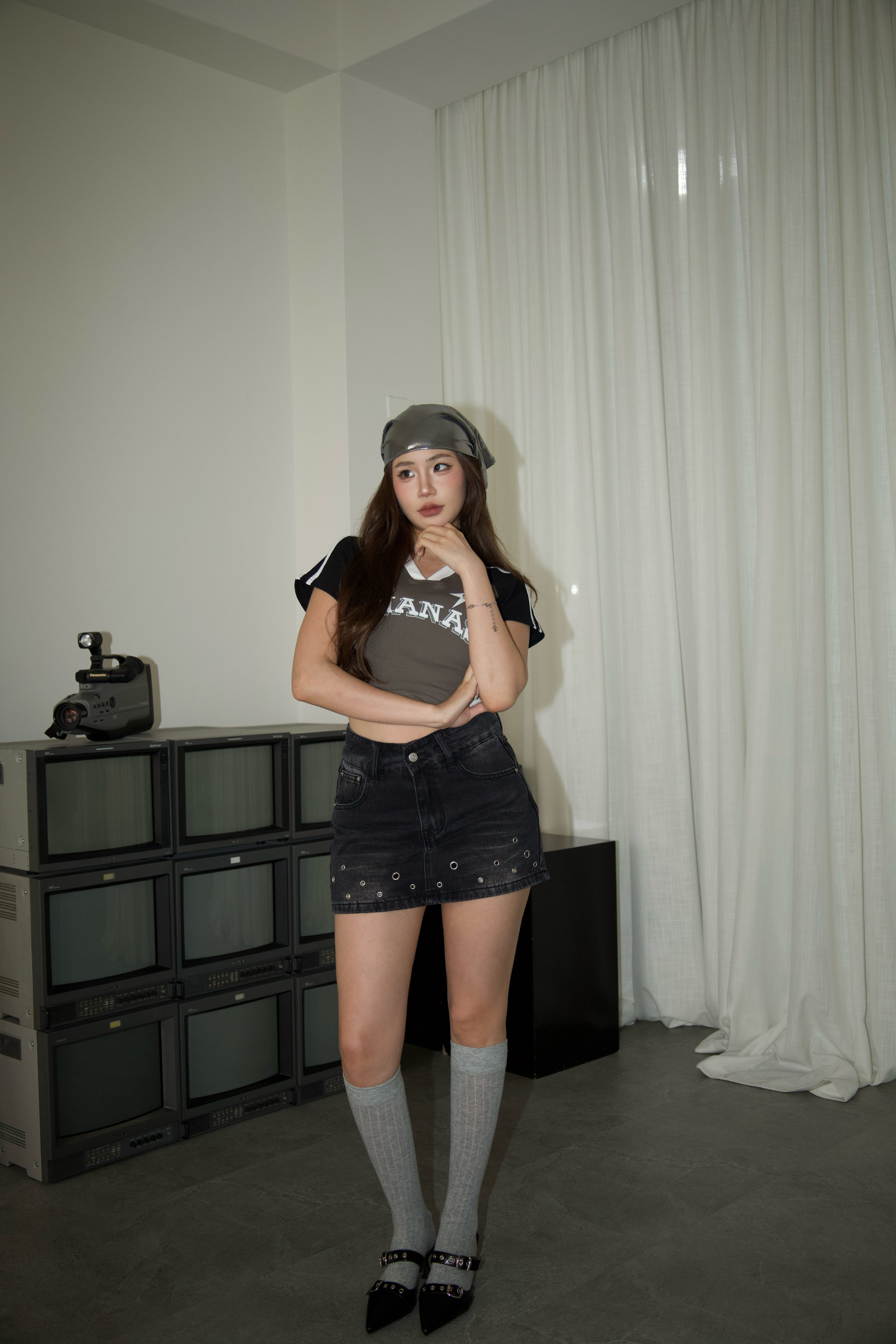 [ Ananas自訂款✨ ] 刷色不對稱雞眼釦牛仔裙