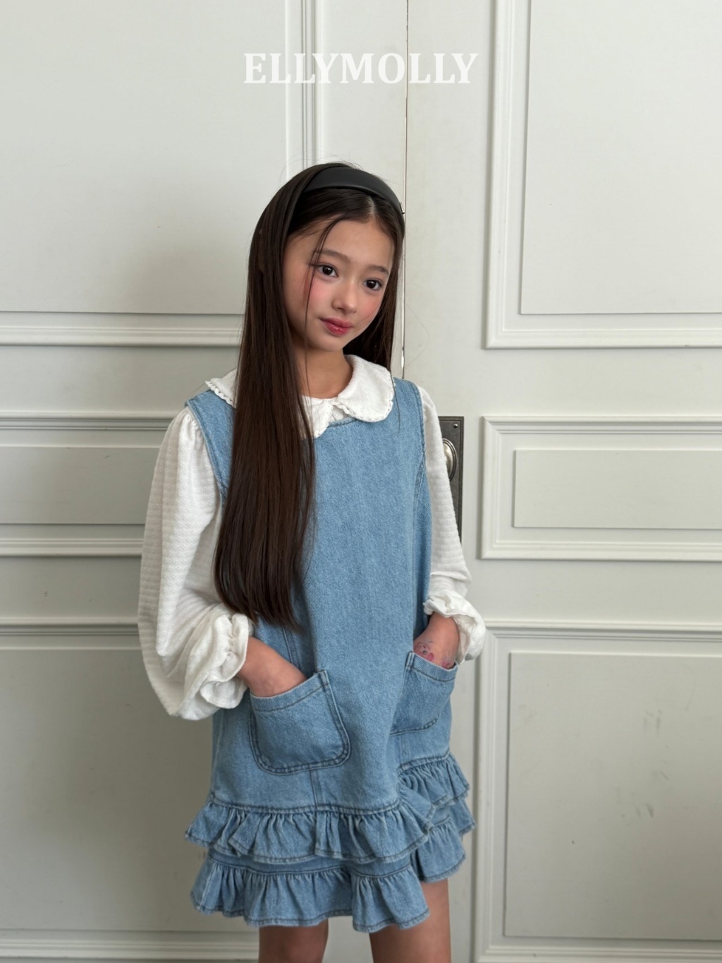 正韓夏EllyMolly 牛仔花邊背帶裙