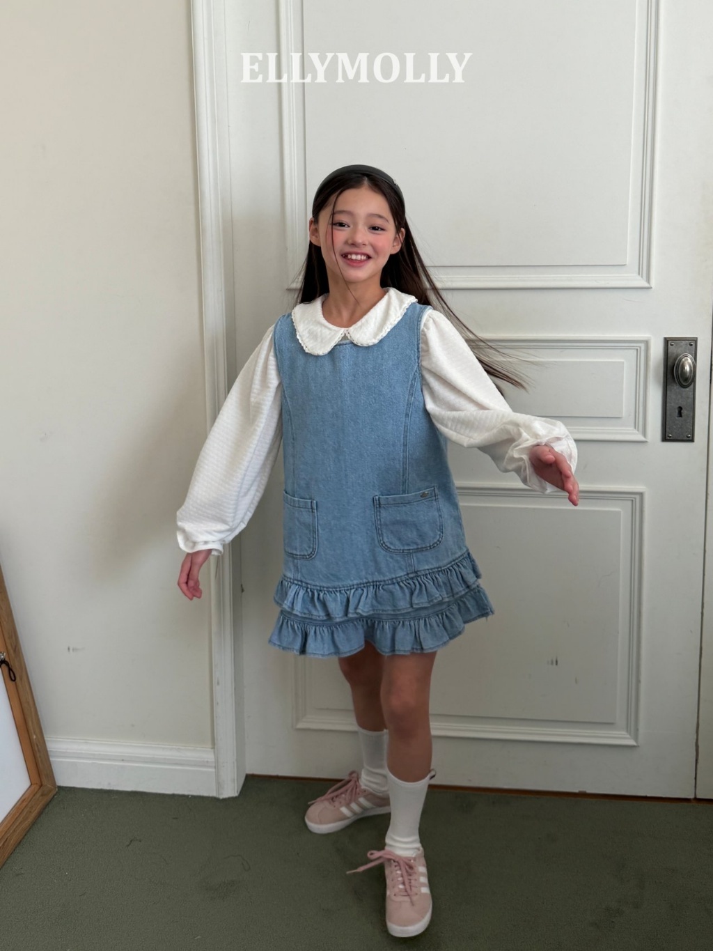 正韓夏EllyMolly 牛仔花邊背帶裙
