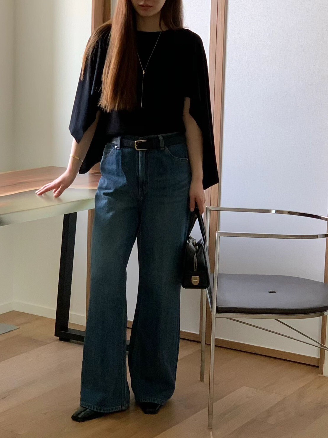 經典黑優雅女子不規則斗篷造型圓領上衣