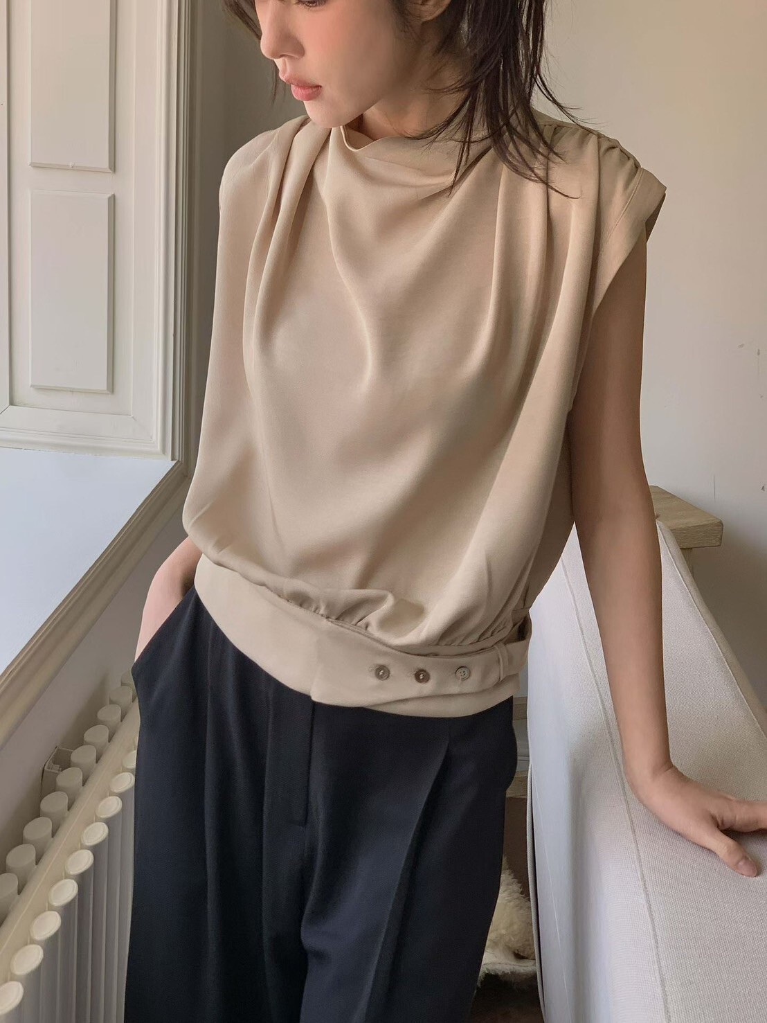 雙肩抓褶半袖造型立領背心上衣 / 2色