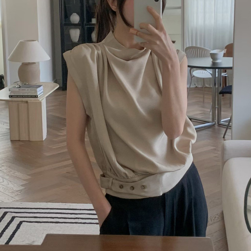 雙肩抓褶半袖造型立領背心上衣 / 2色