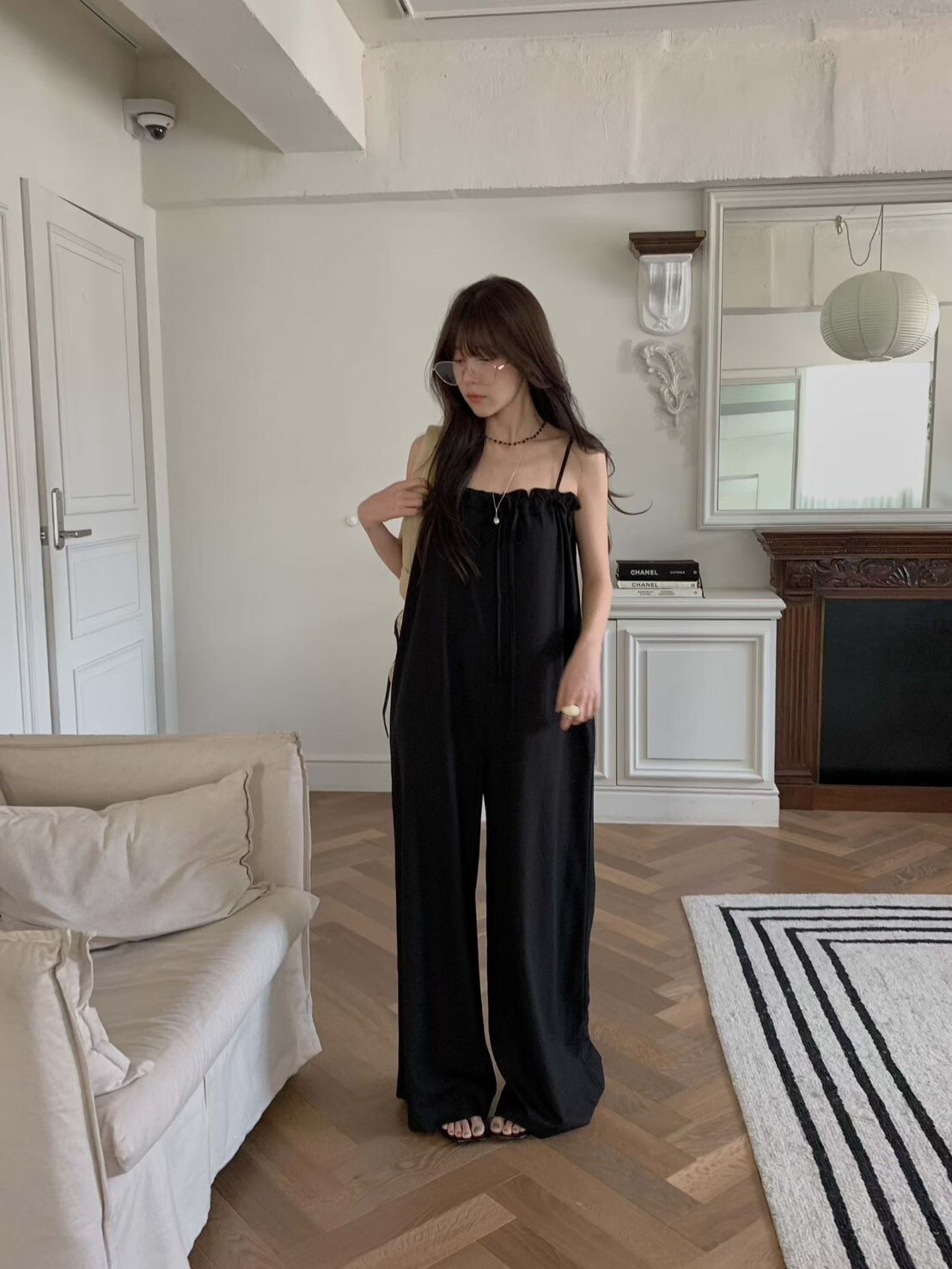 荷葉滾邊平口細肩帶造型連身褲長褲 / 2色