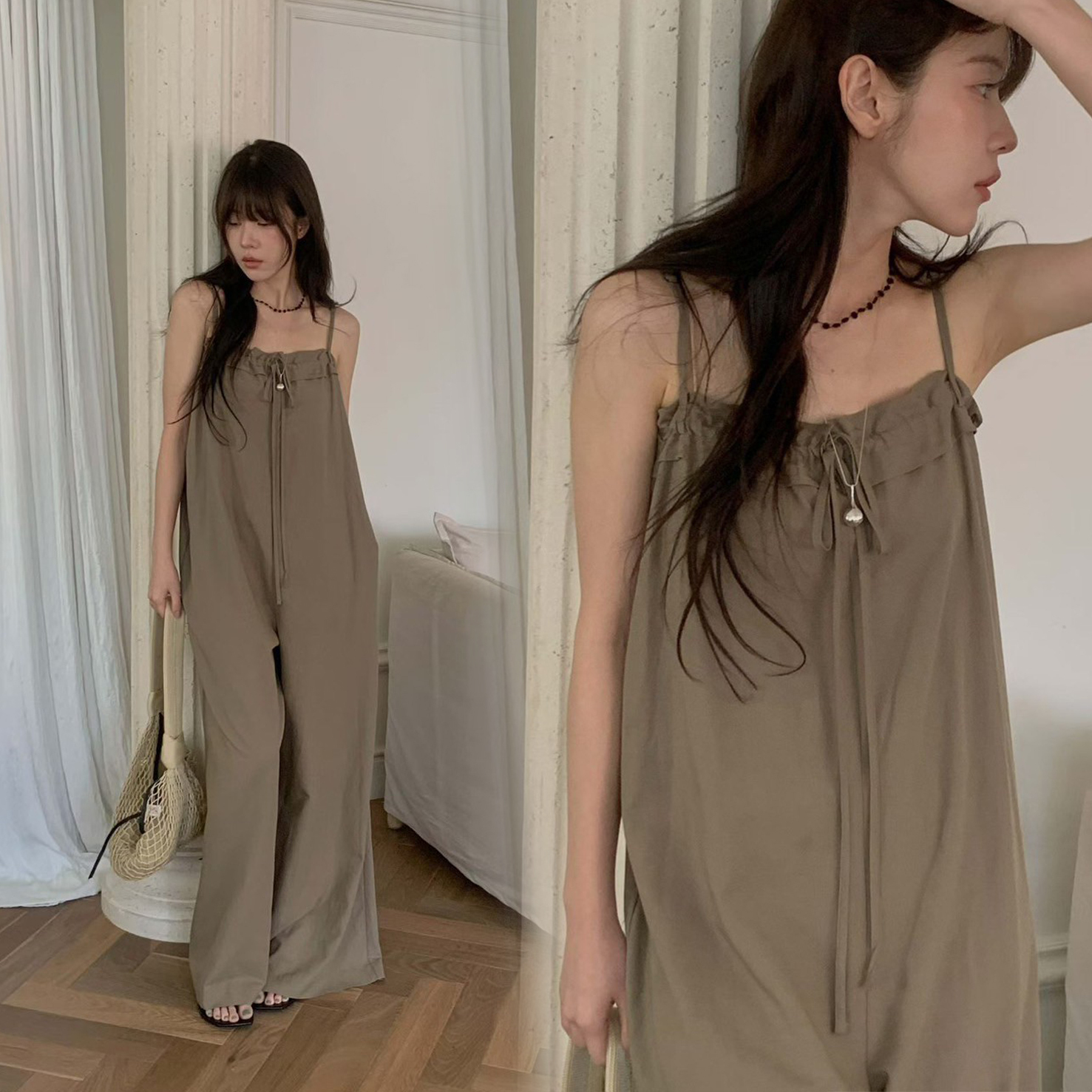 荷葉滾邊平口細肩帶造型連身褲長褲 / 2色