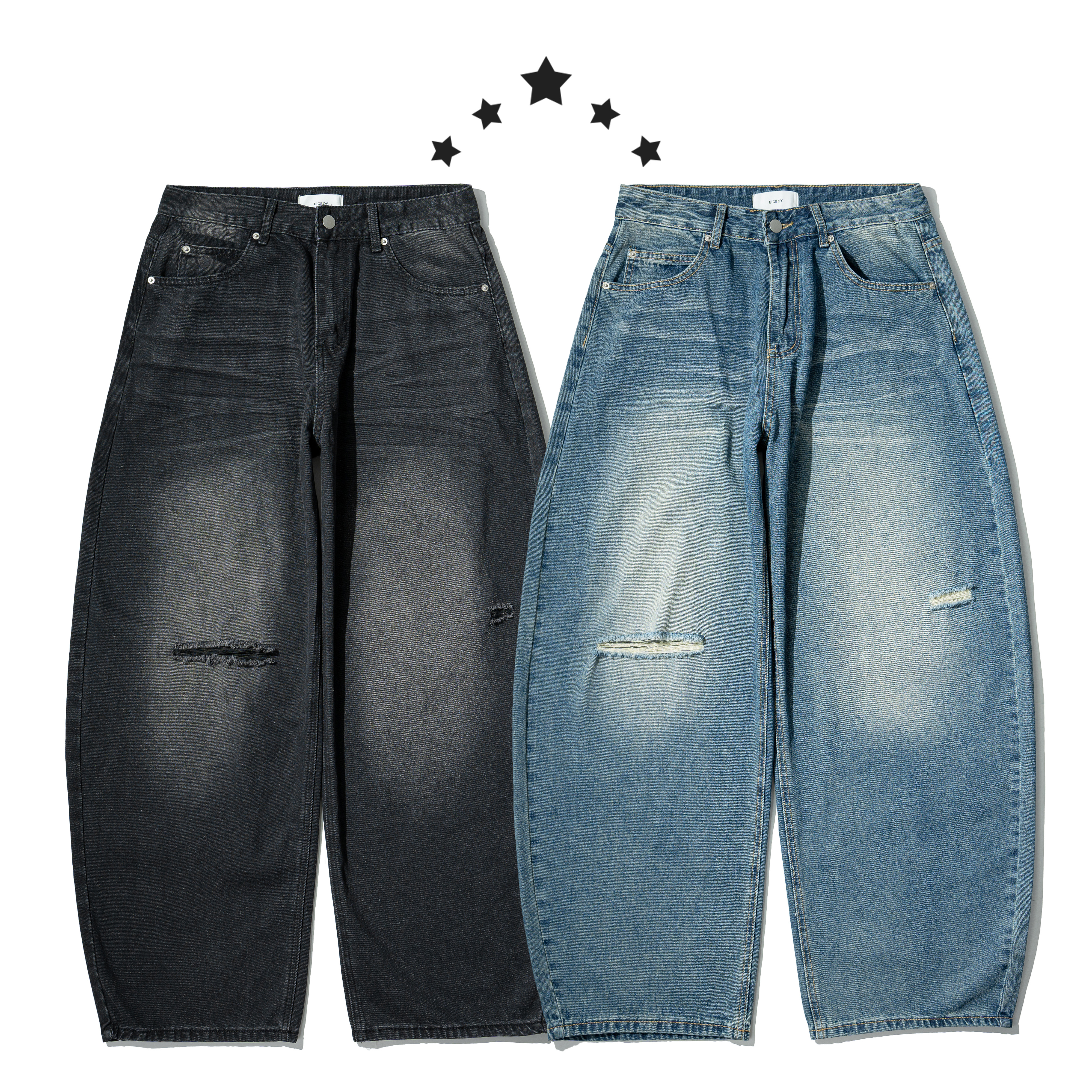 Knife Cut Curved Jeans 貓鬚紋 刀割 牛仔長褲 [B-2614]