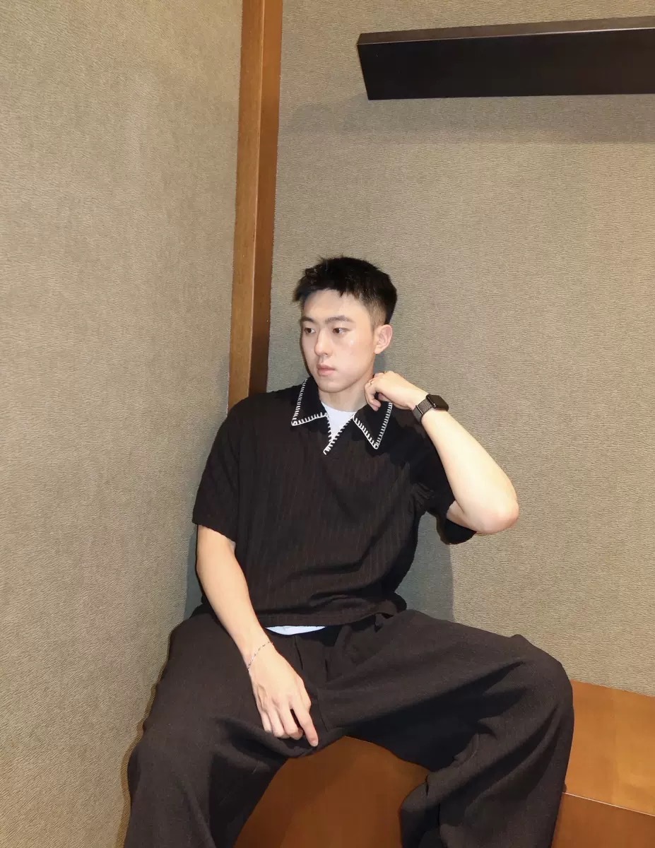 美式復古手縫感撞色開領短袖