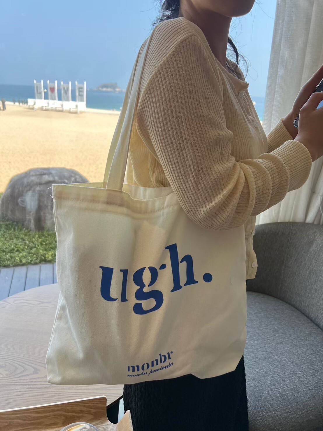 配色ugh字母肩背帆布包購物袋