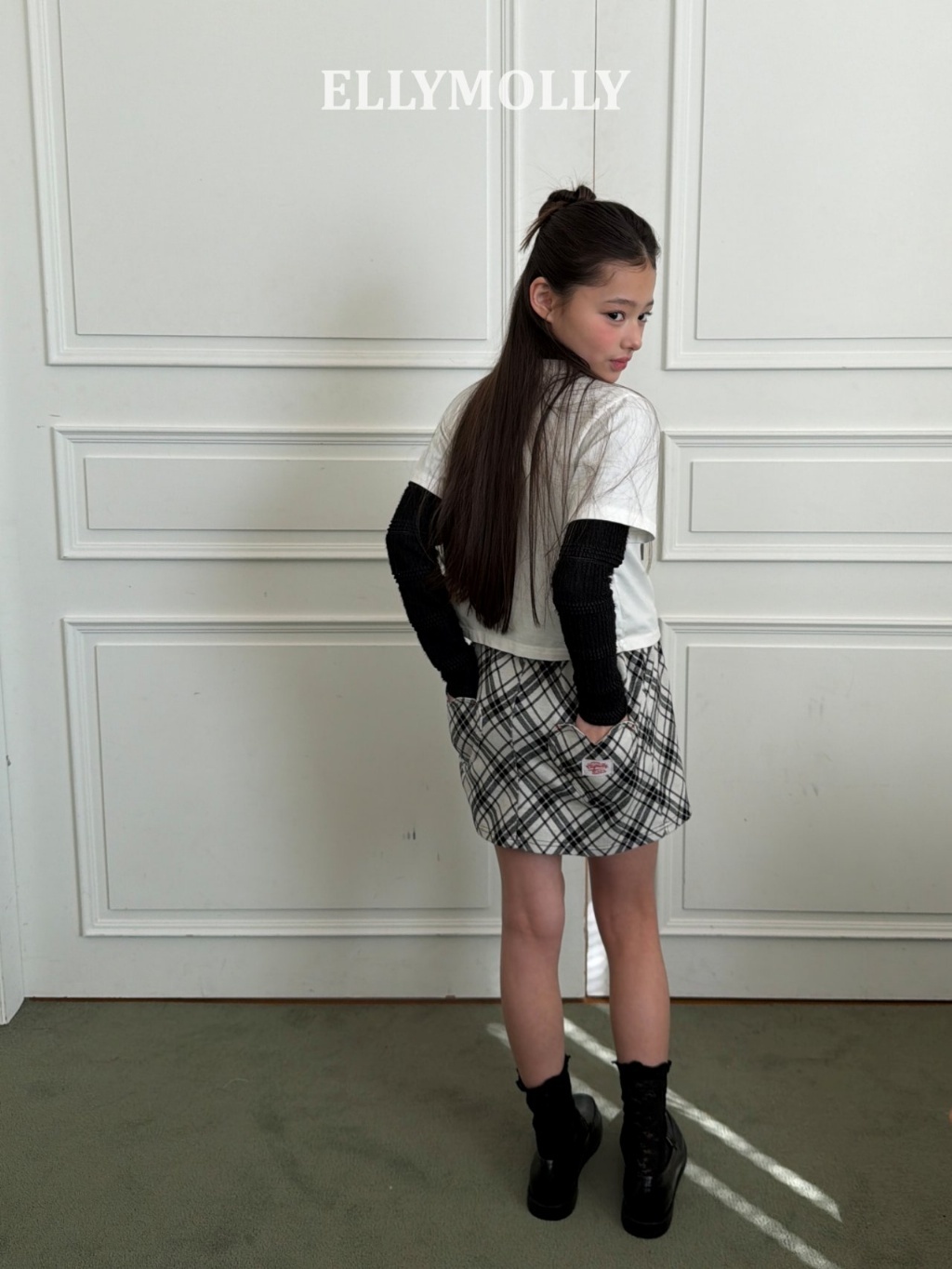 正韓夏EllyMolly 菱格紋愛心口袋窄裙