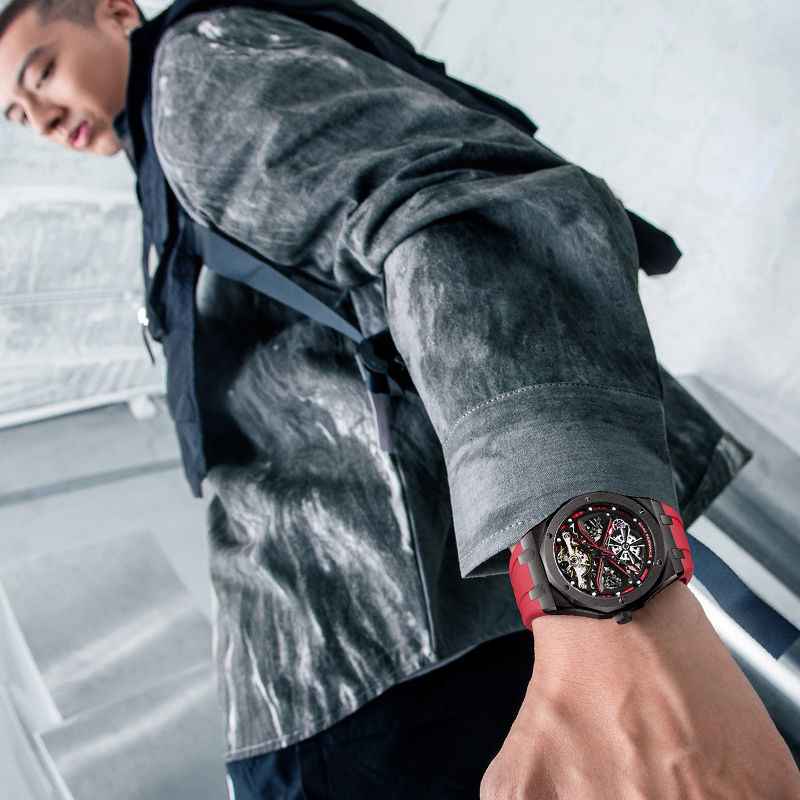 (預購)【Mark Fairwhale 馬克菲爾】FW-6400 潮流個性  造型雙面鏤空 機械 夜光 矽膠 手錶