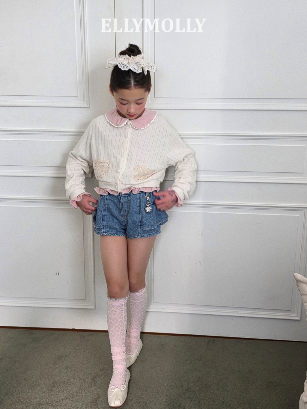 正韓夏ellymolly 蝴蝶結菱格小腿襪