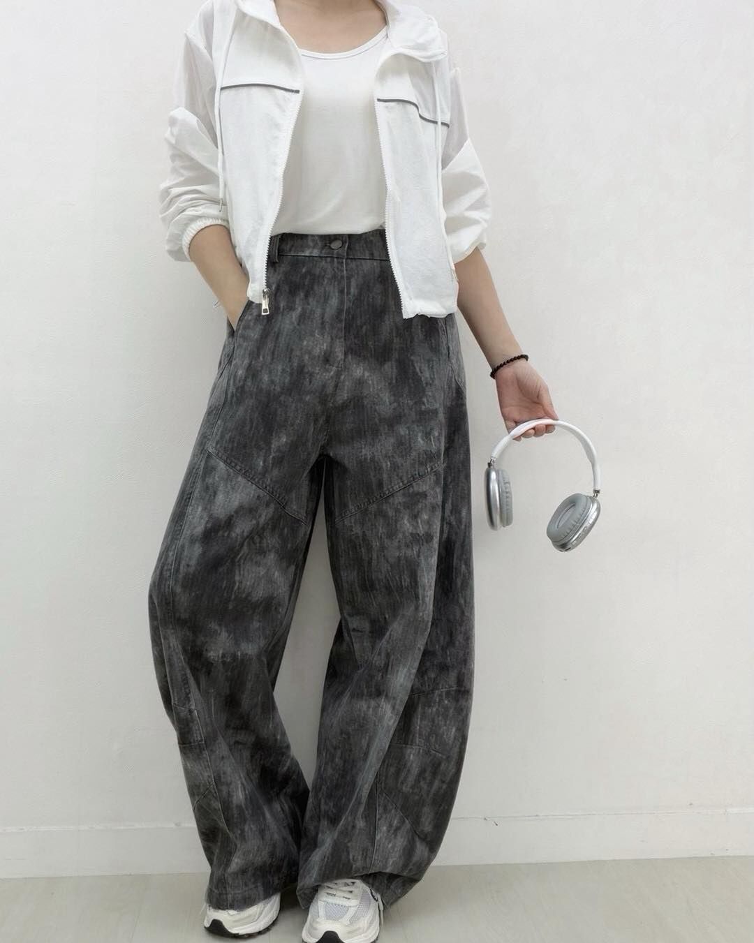【個性獨特的復古潑墨彎刀寬褲】（現貨）