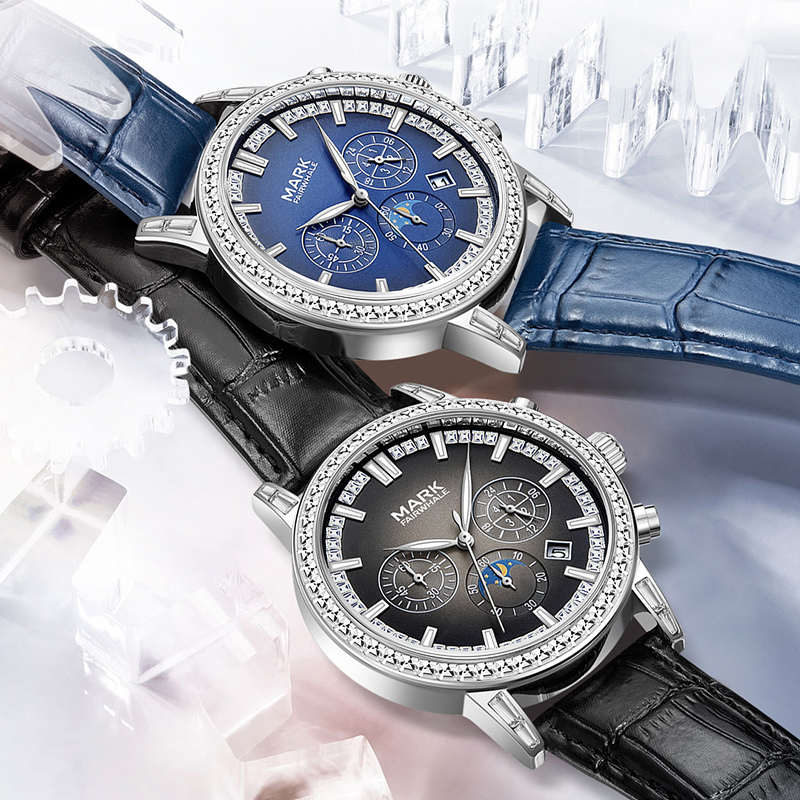 【Mark Fairwhale 馬克菲爾】5970 日月星辰 真三眼計時 夜光 真皮 腕錶 手錶