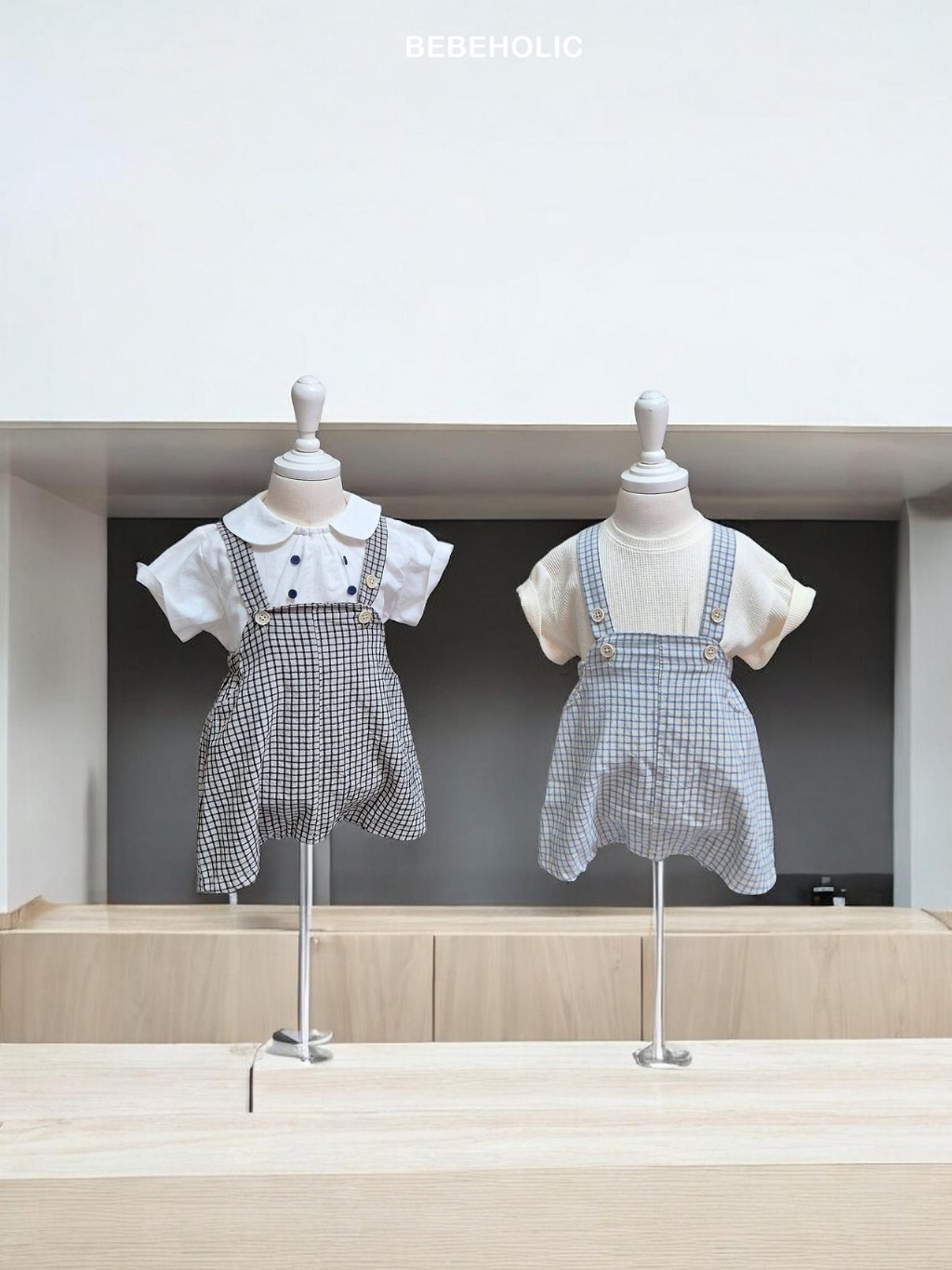 正韓夏bebeholic 嫩嬰2色格紋吊帶包屁褲