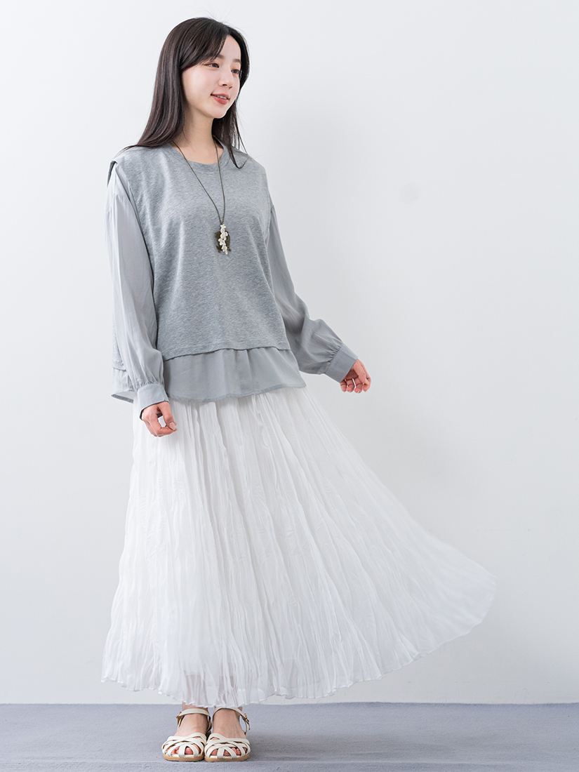 拼接仿兩件式上衣自然壓褶雙層柔紗長裙組合