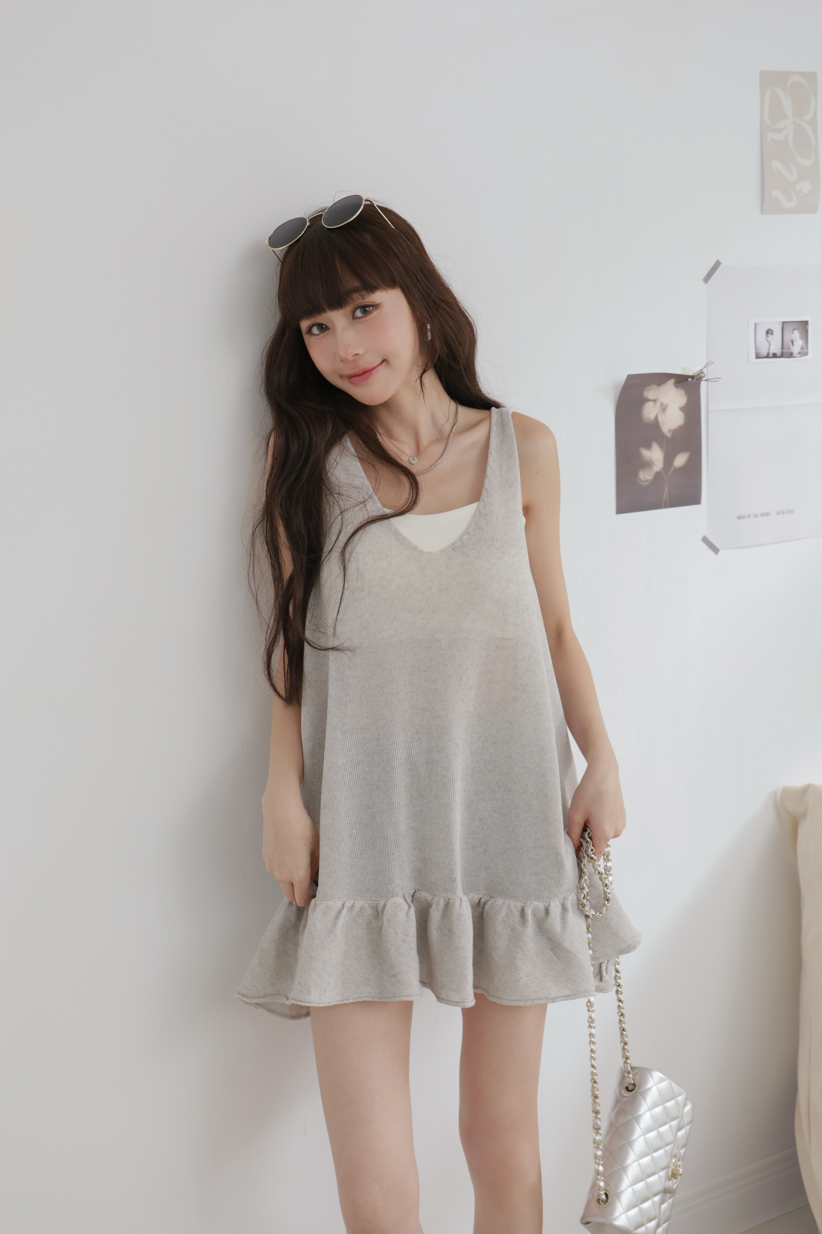 後綁帶下擺荷葉針織長版背心 P37