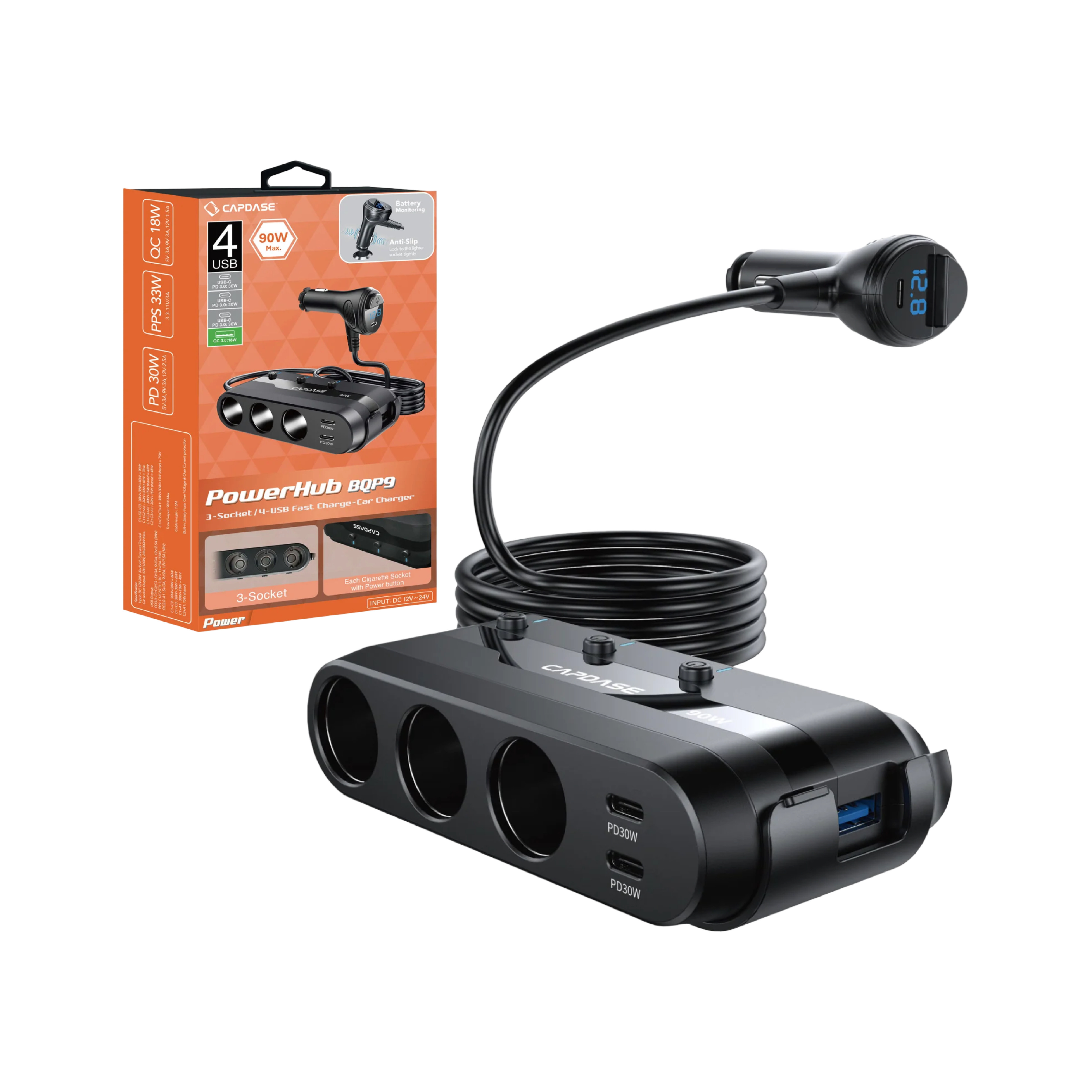 Capdase PowerHub BQP9 三插座四輸出 QC 3.0 及 USB-C PD 90W 車用充電器