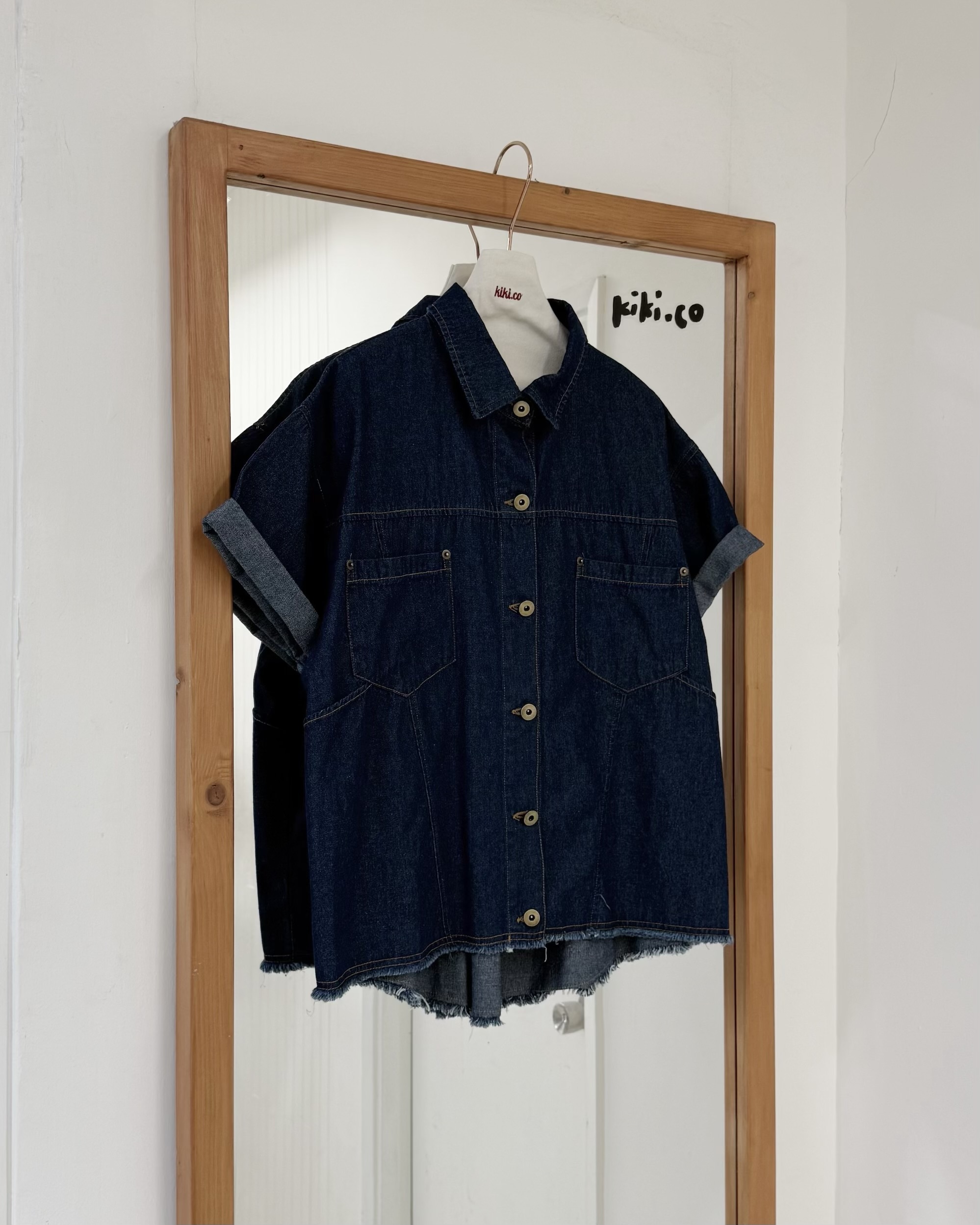 牛仔雙口袋披口短袖外套