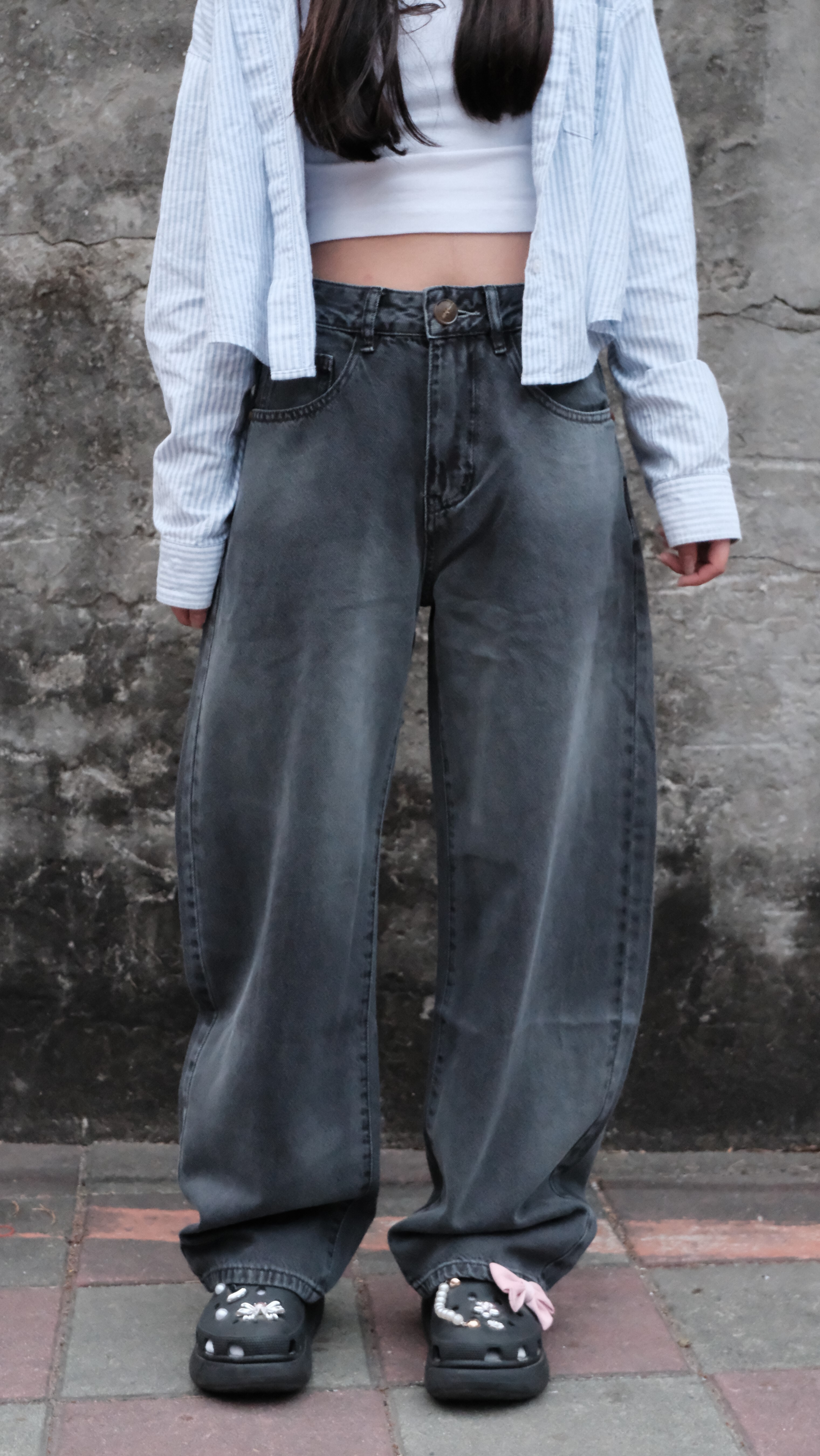 水洗黑車線微彎刀褲 180022