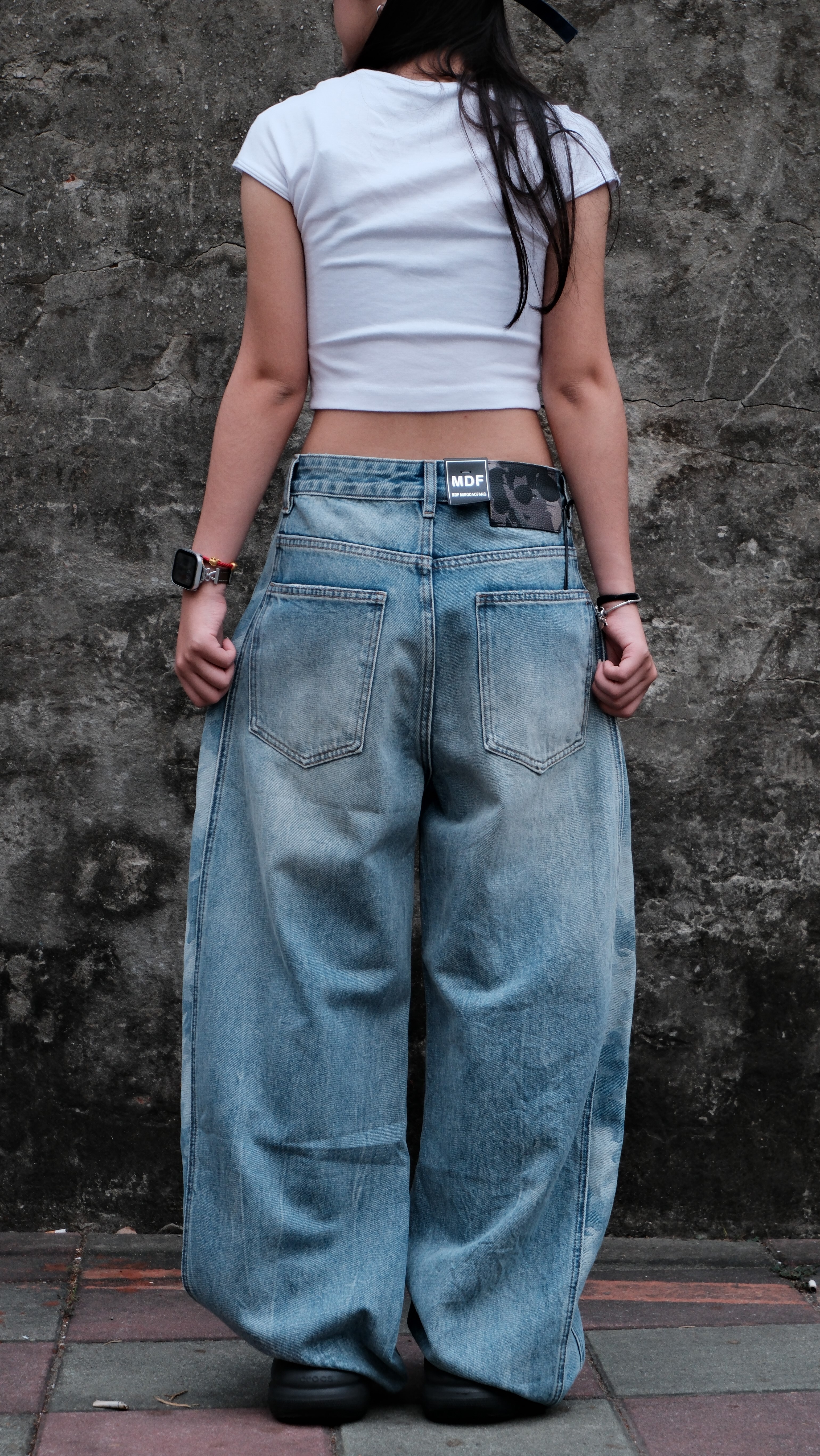 丹寧側邊迷彩直筒牛仔褲 180028