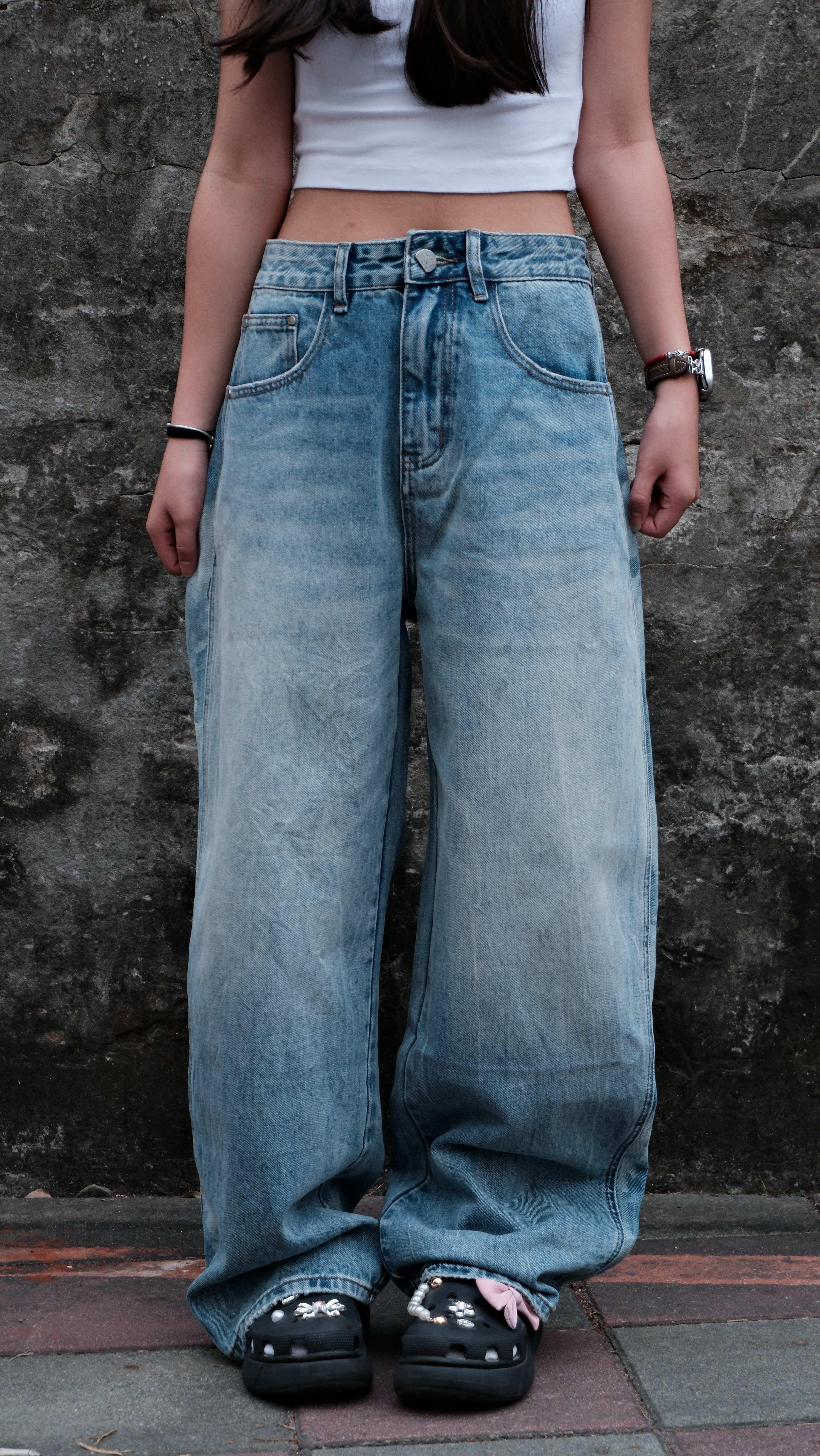 丹寧側邊迷彩直筒牛仔褲 180028