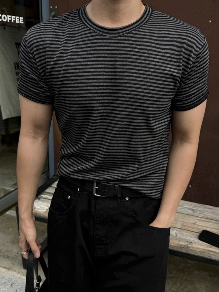 SIMPLEACTION 日細條紋圓領短袖上衣
