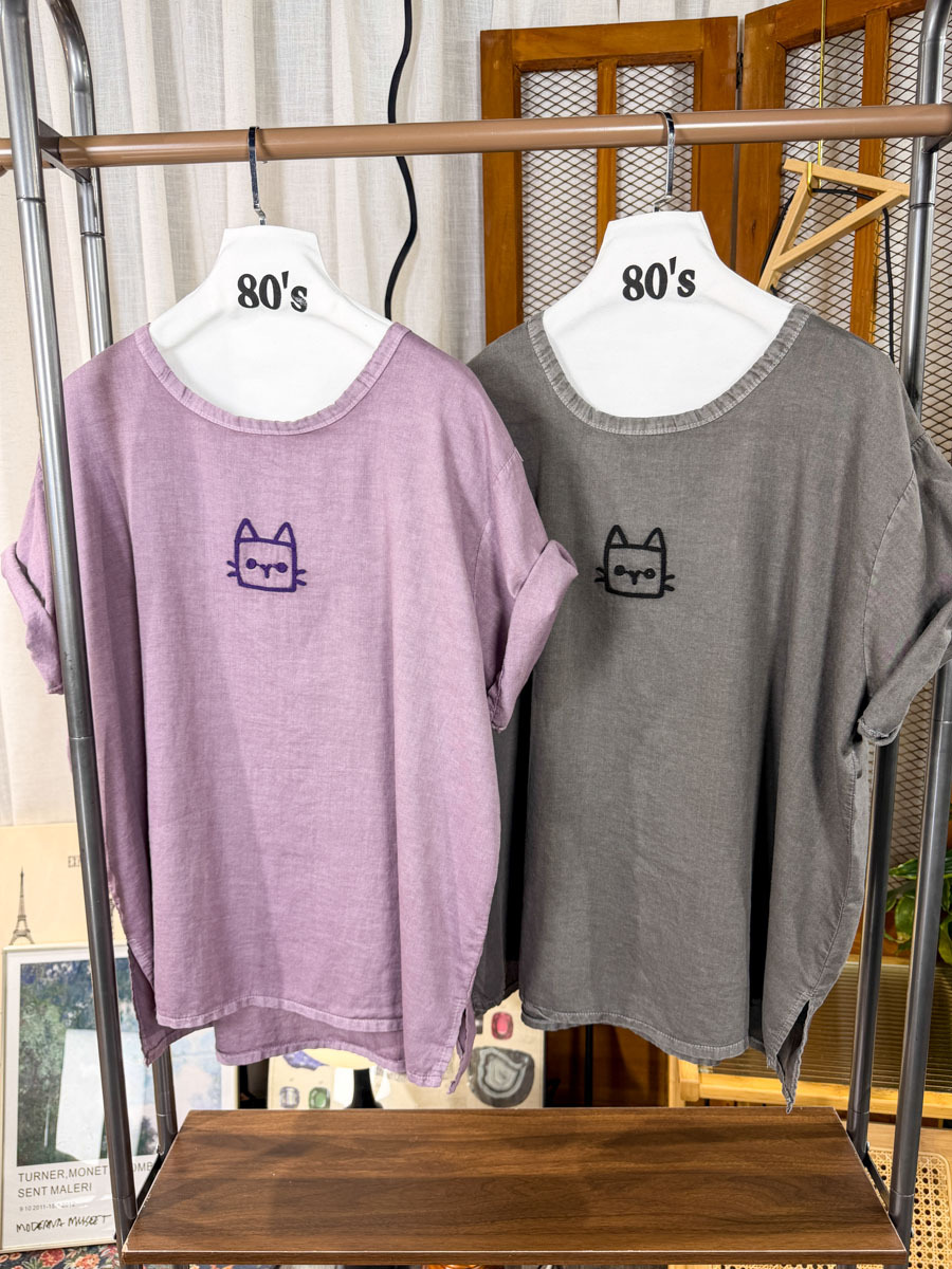 【多買多優惠】【3-7/4滿$1000送禮物】貓貓刺繡．麻棉料TOP【不設退換】