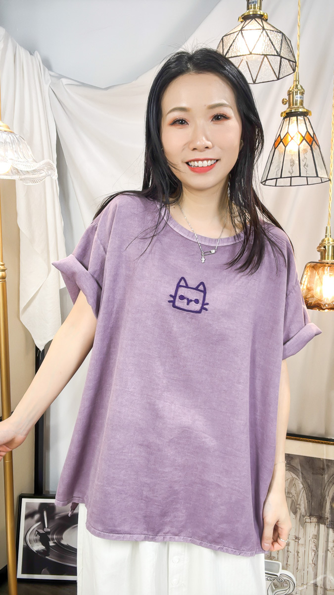 【多買多優惠】【3-7/4滿$1000送禮物】貓貓刺繡．麻棉料TOP【不設退換】