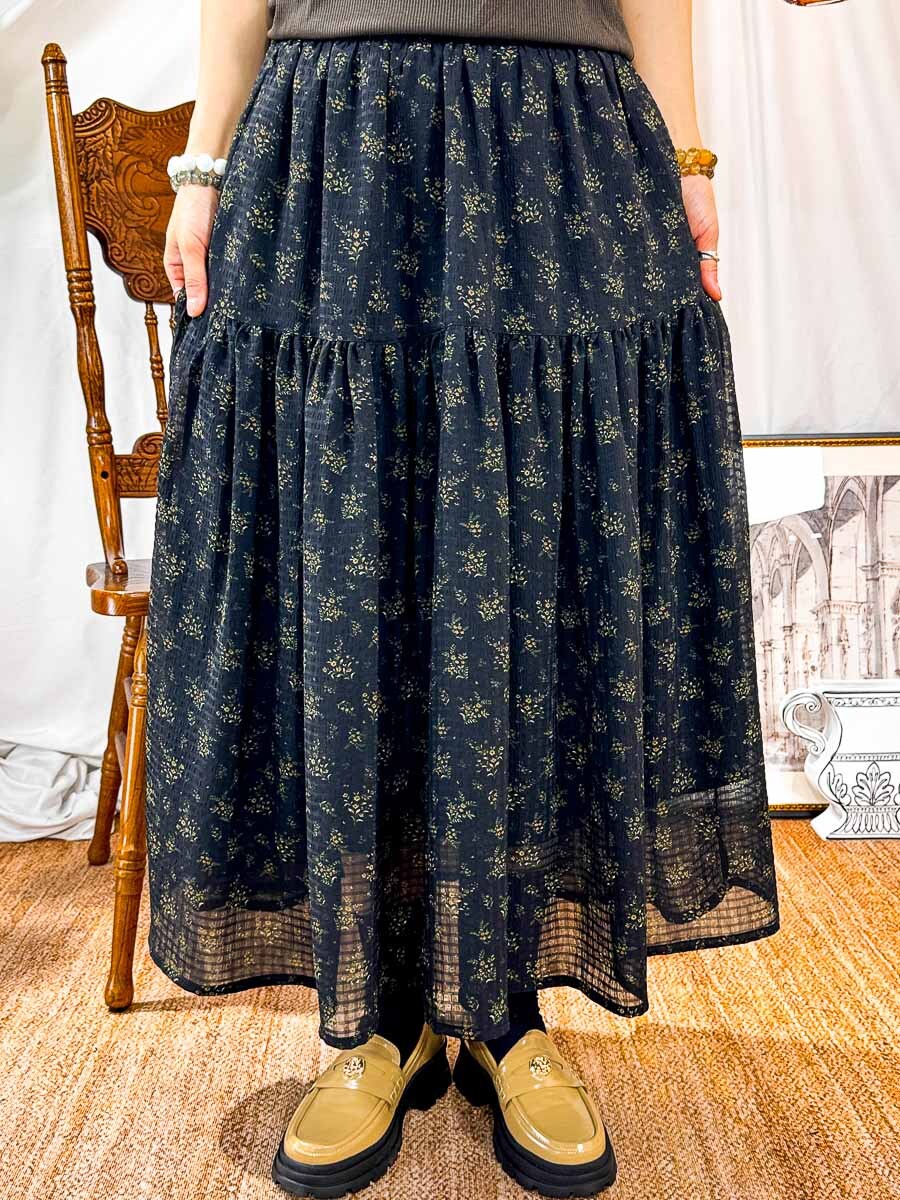 【3/4-7/4限時優惠】【3-7/4滿$1000送禮物】橡根腰．花花PRINT．雪紡料半截裙 (有厘布) (有袋)